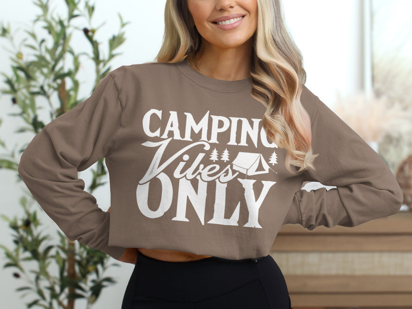 Camping Vibes Only With Tent Graphic Summer Fun Long Sleeve T-Shirt
