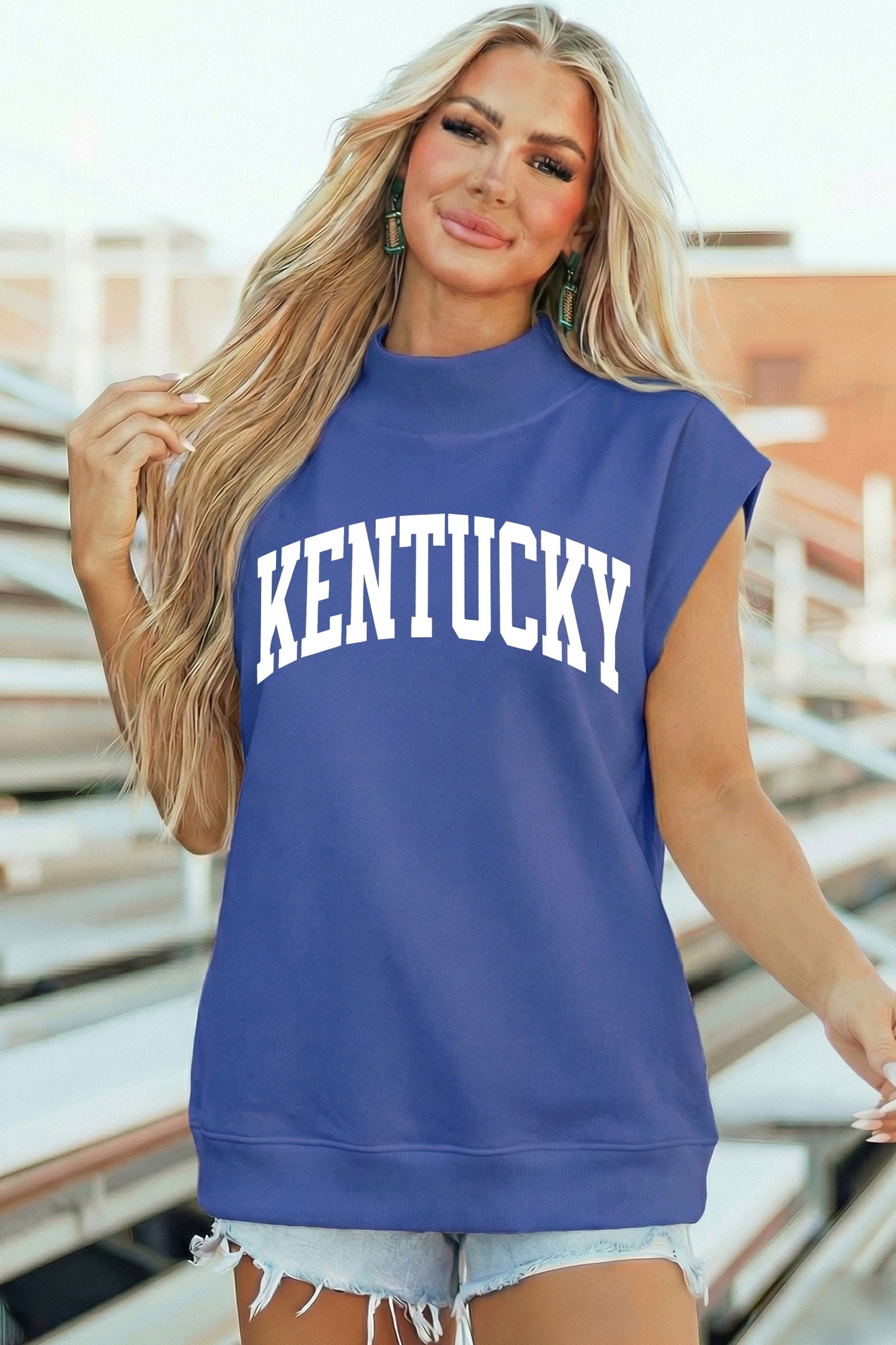 Sky Blue KENTUCKY Leopard KY Double Side Printed Mock Neck Tee