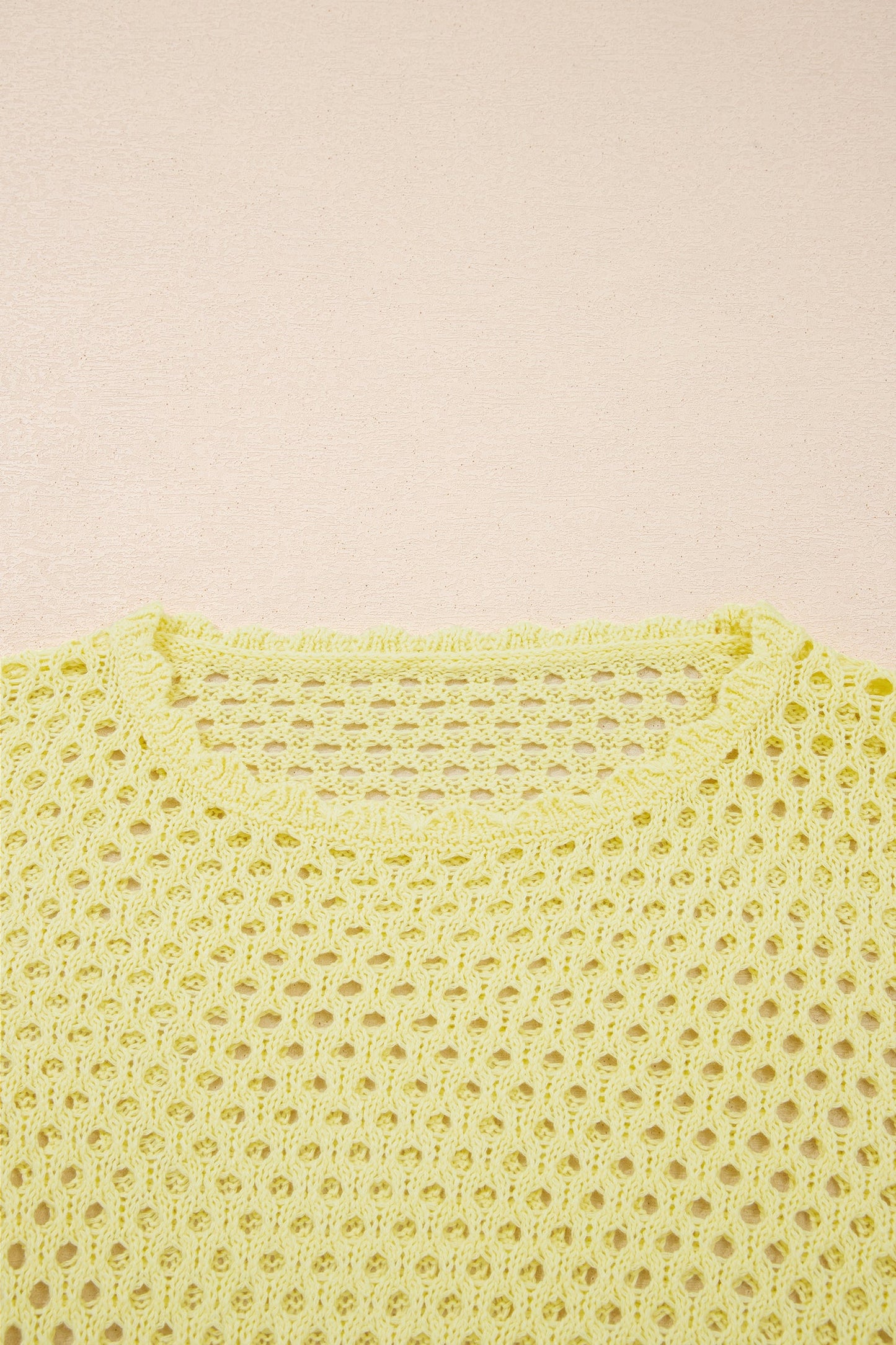 Yellow Cream Scalloped Trim Hollow Out Knit Long Sleeve Top