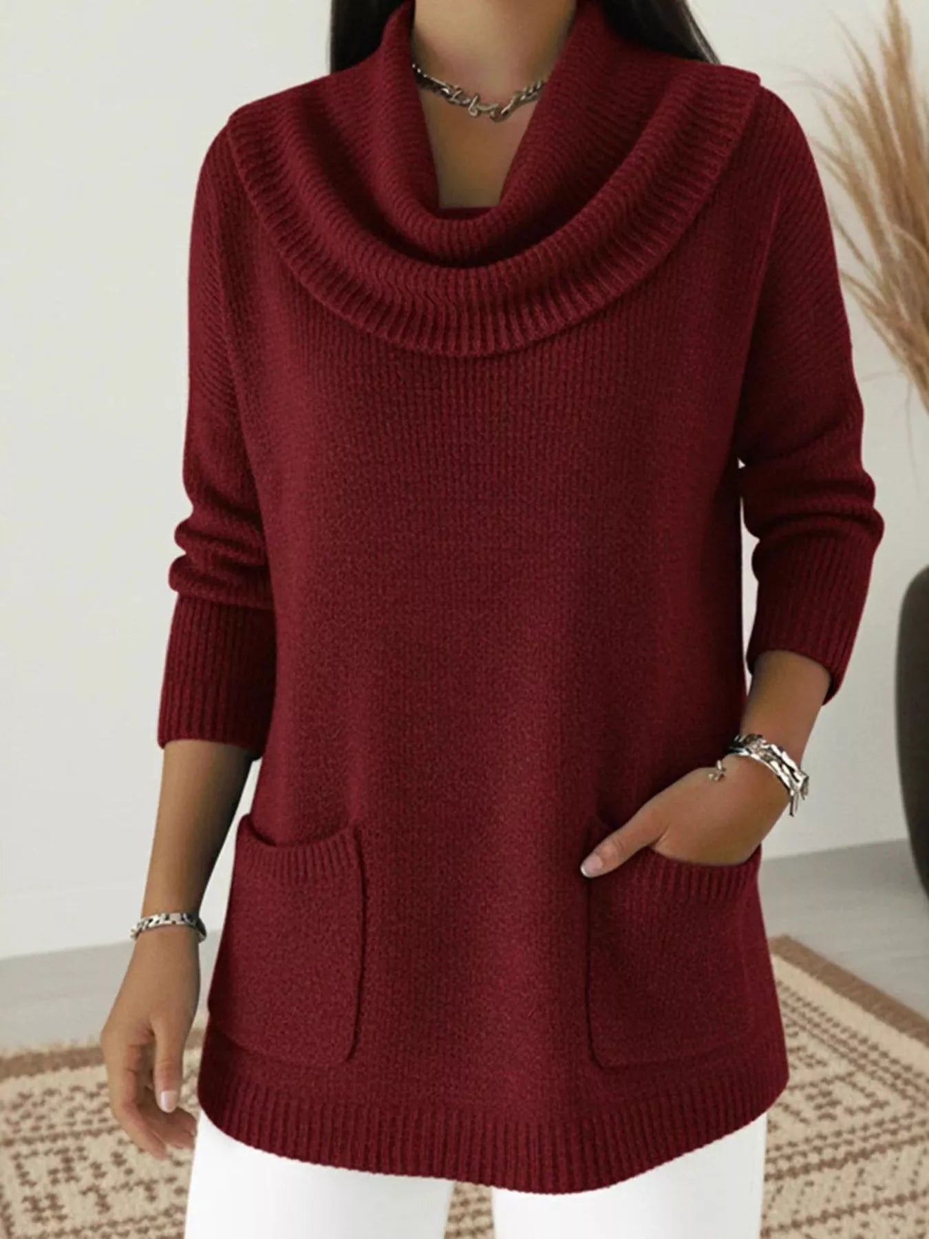 Full Size Cowl Neck Long Sleeve Sweater with Pockes Plus Size