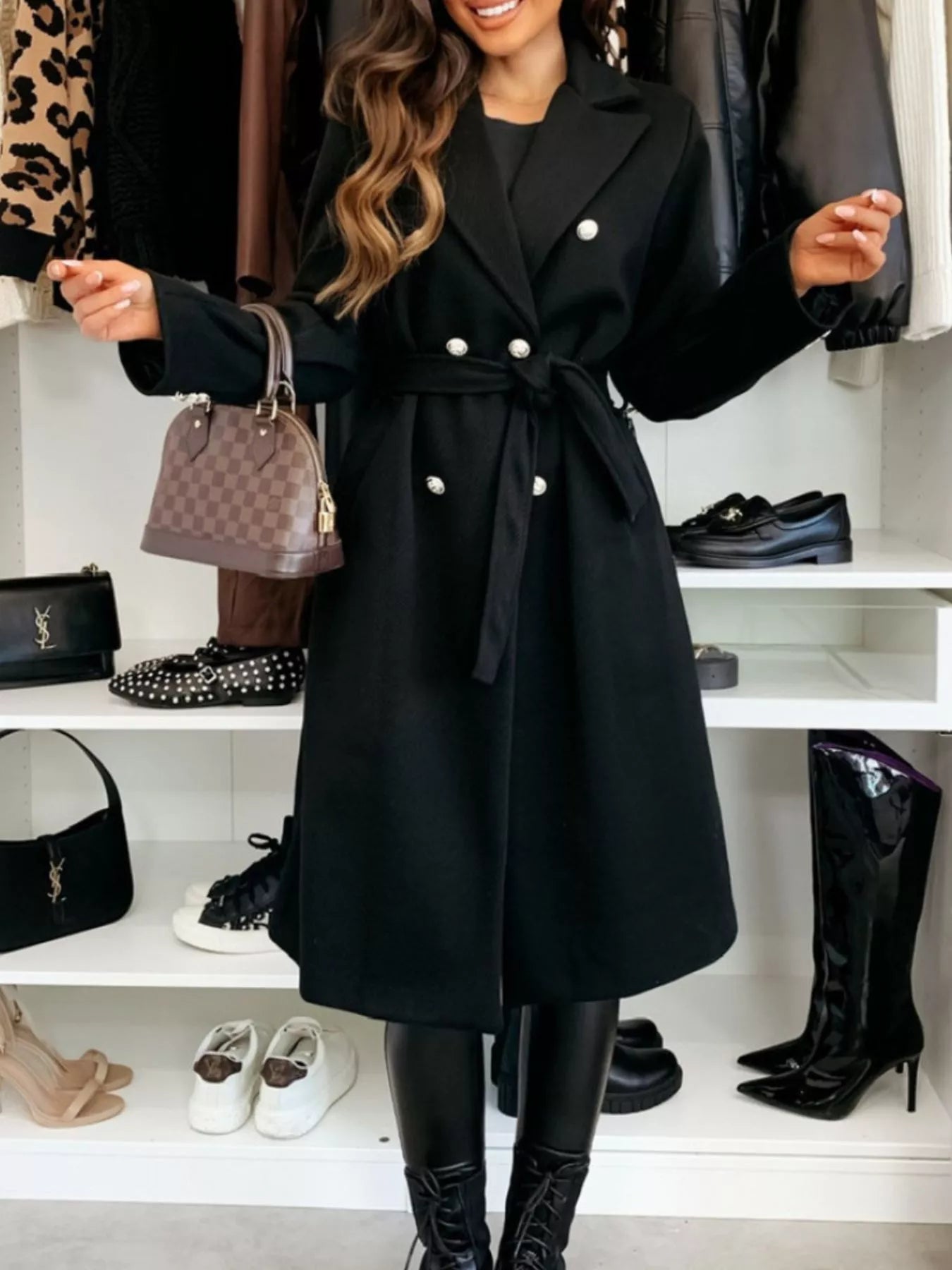 Double-Breasted Tie Waist Overcoat