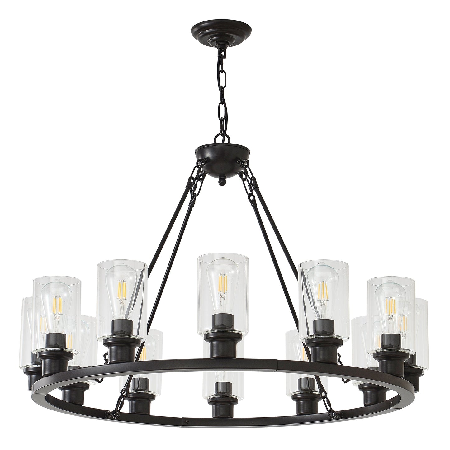 12-Light Black Wagon Wheel Chandelier, 31.5" Modern Farmhouse Glass Pendant