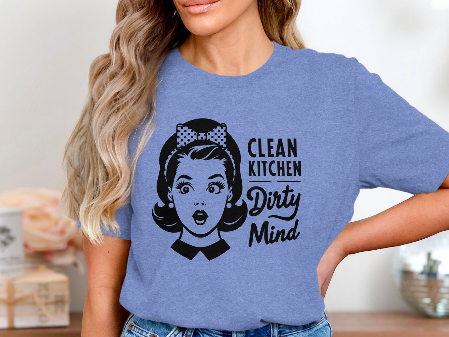 Clean Kitchen Dirty Mind Retro Woman Funny Graphic T-Shirt