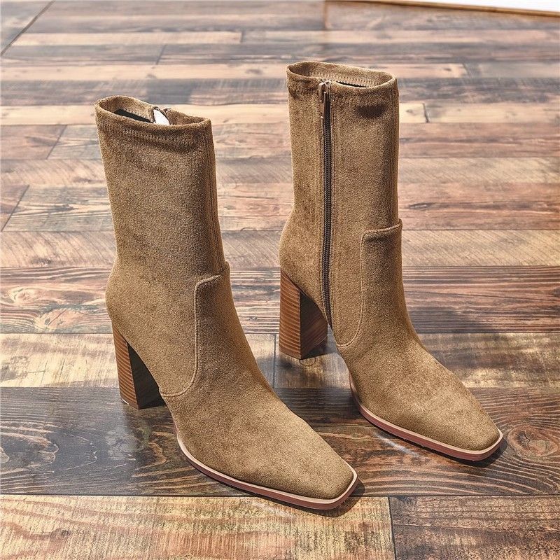 Square Toe Fleece-Lined French Boots – Chunky Heel Winter Style