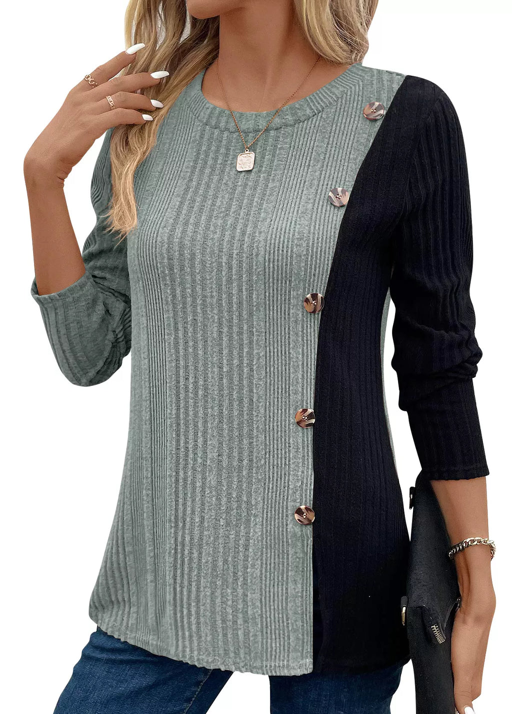 Color Block Ribbed Knit T-Shirt