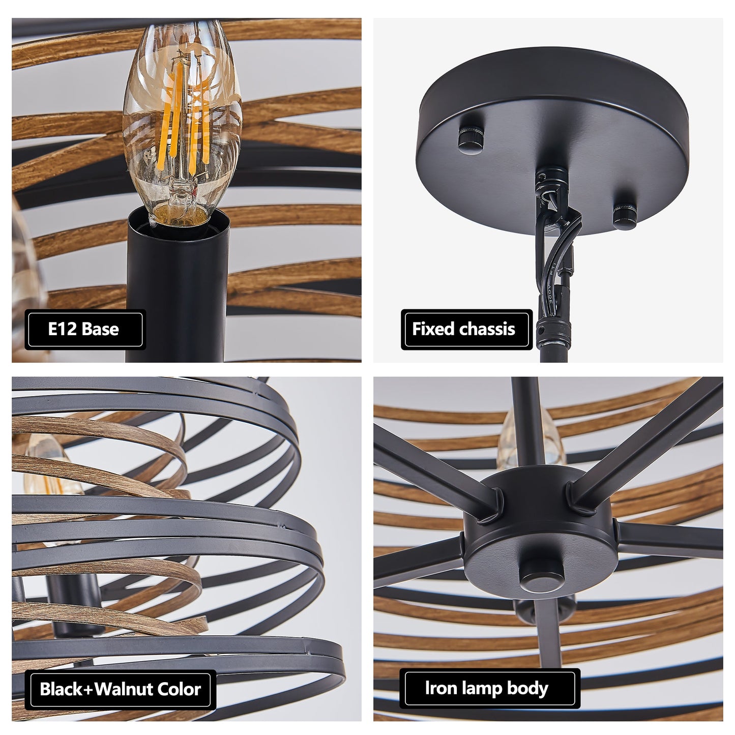 13" Rustic Industrial Pendant Light, 3-Light Black and Walnut Metal Cage Chandelier with Wood Accents