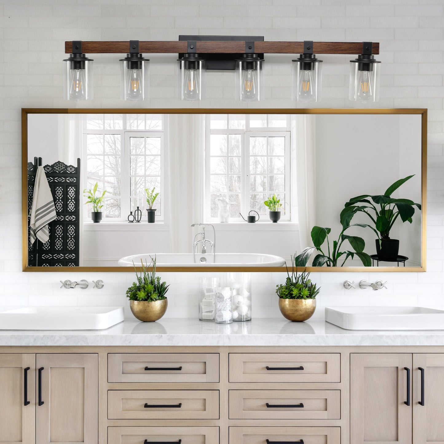 42" Rustic 6-Light Wall Sconce with Glass and Wood Accent