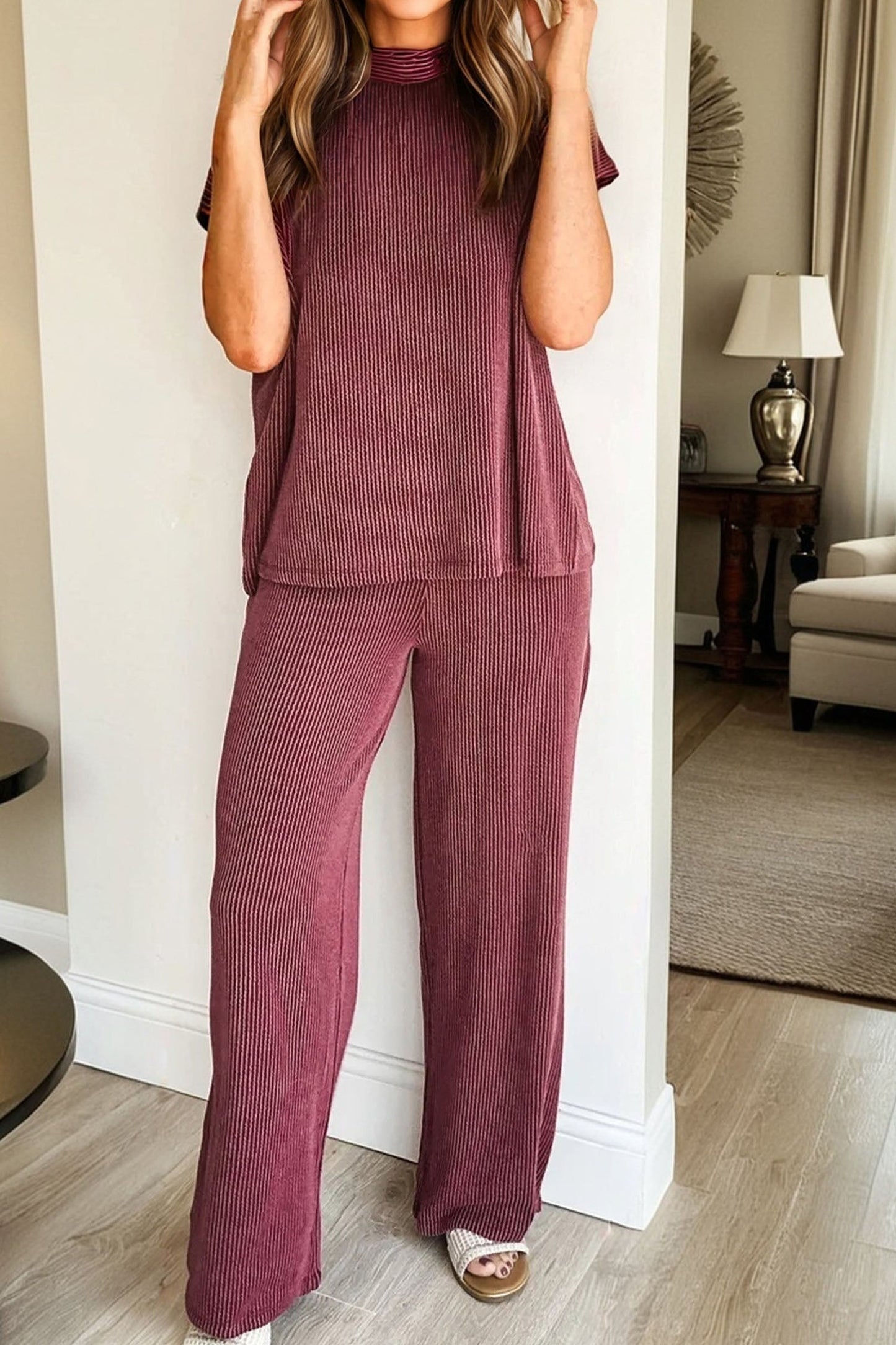 Dark Grey Twisted Ribbed High Neck Loose Tee Elastic High Waist Loose Pant Set