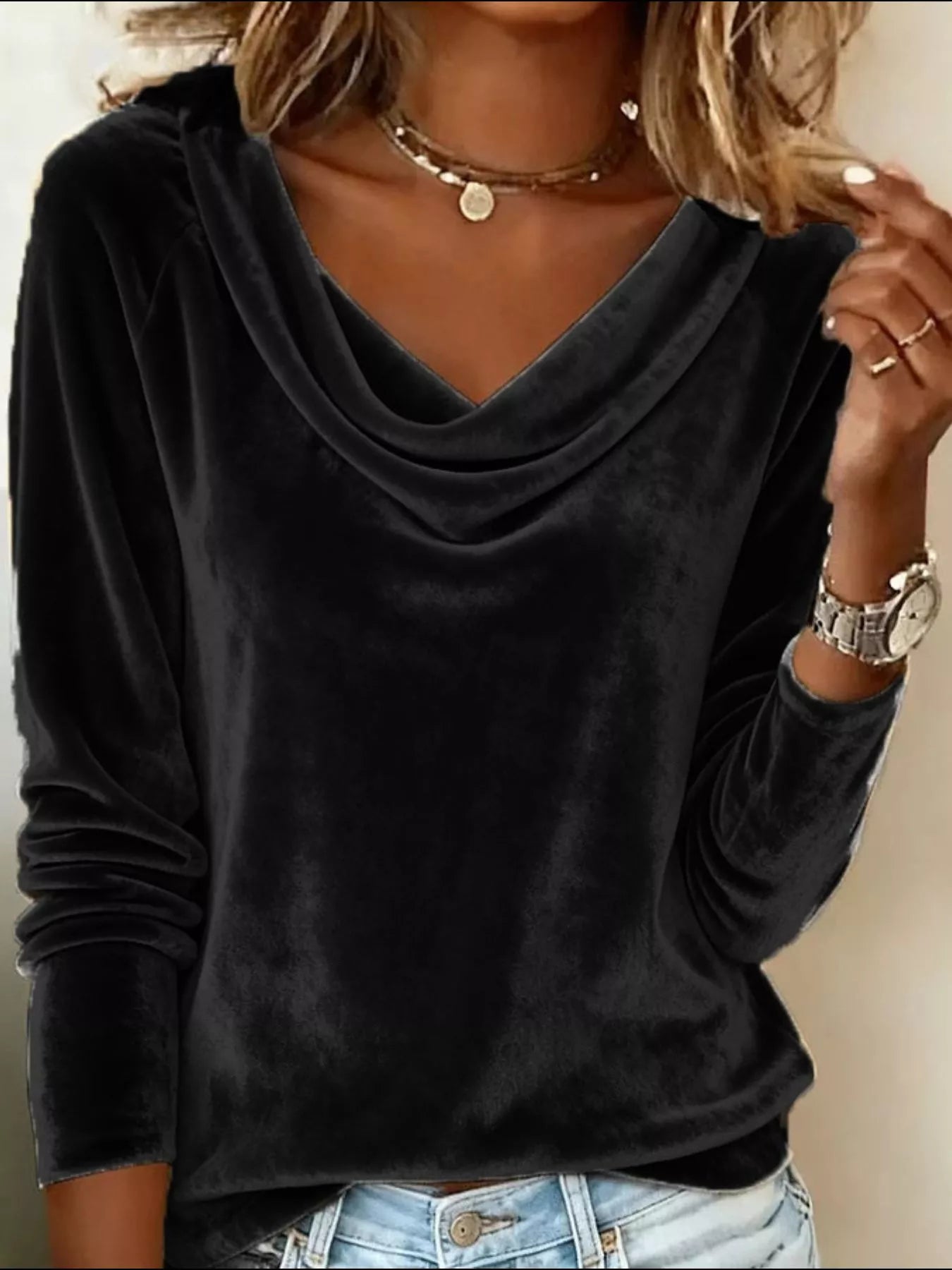 Velvet Cowl Neck Long Sleeve Top