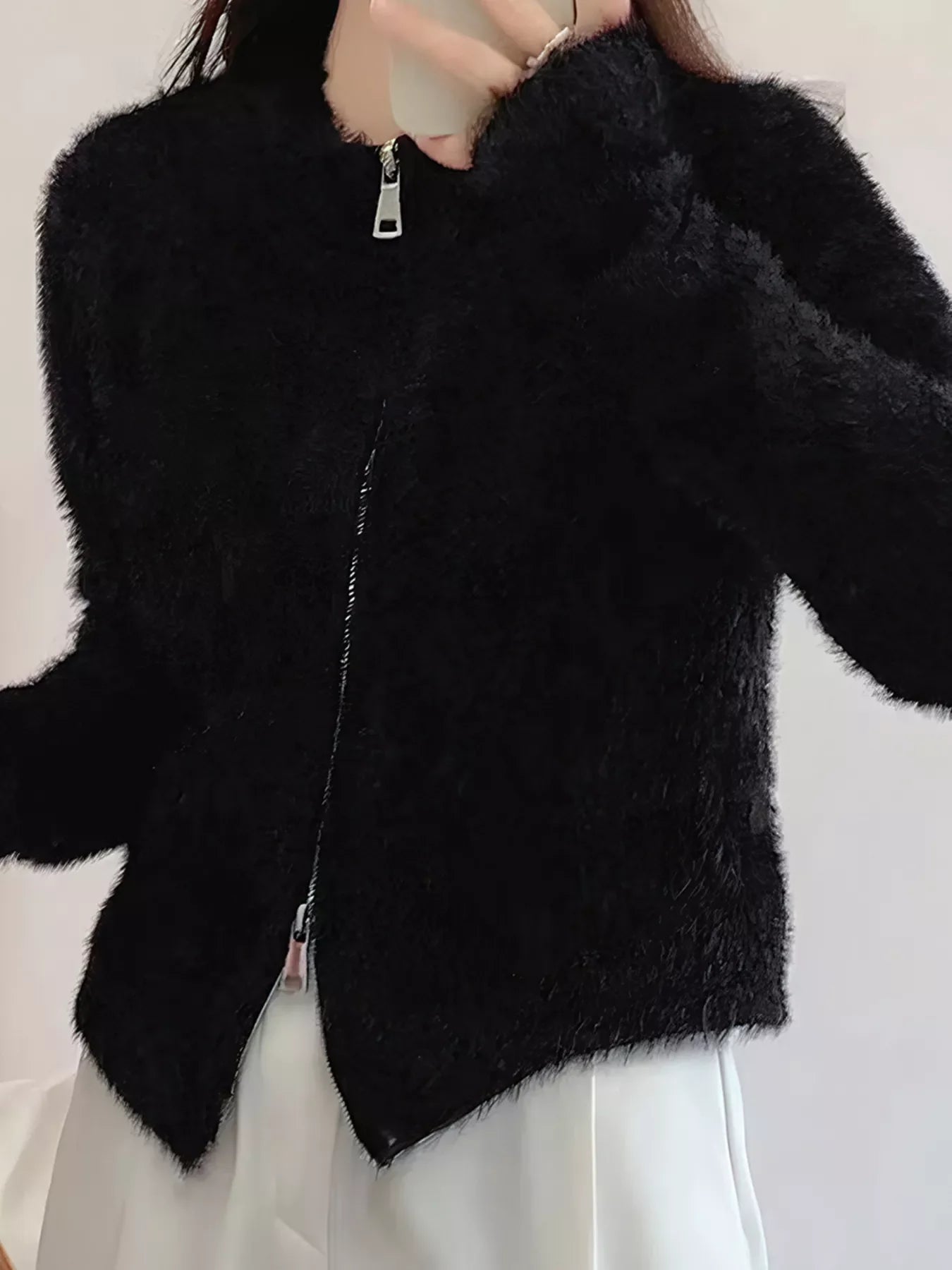 Fluffy Knit Zip-Up Outerwear