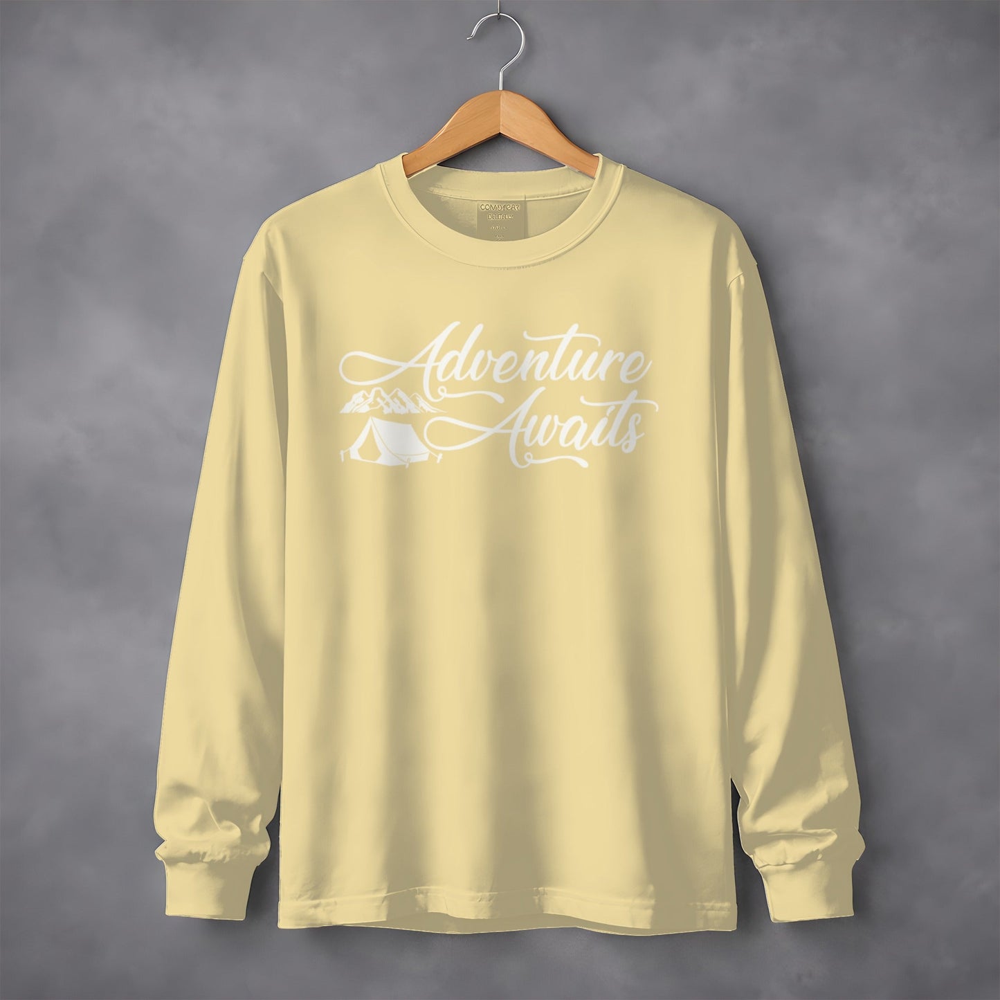 Adventure Awaits Featuring Tent and Mountains Long Sleeve T-Shirt