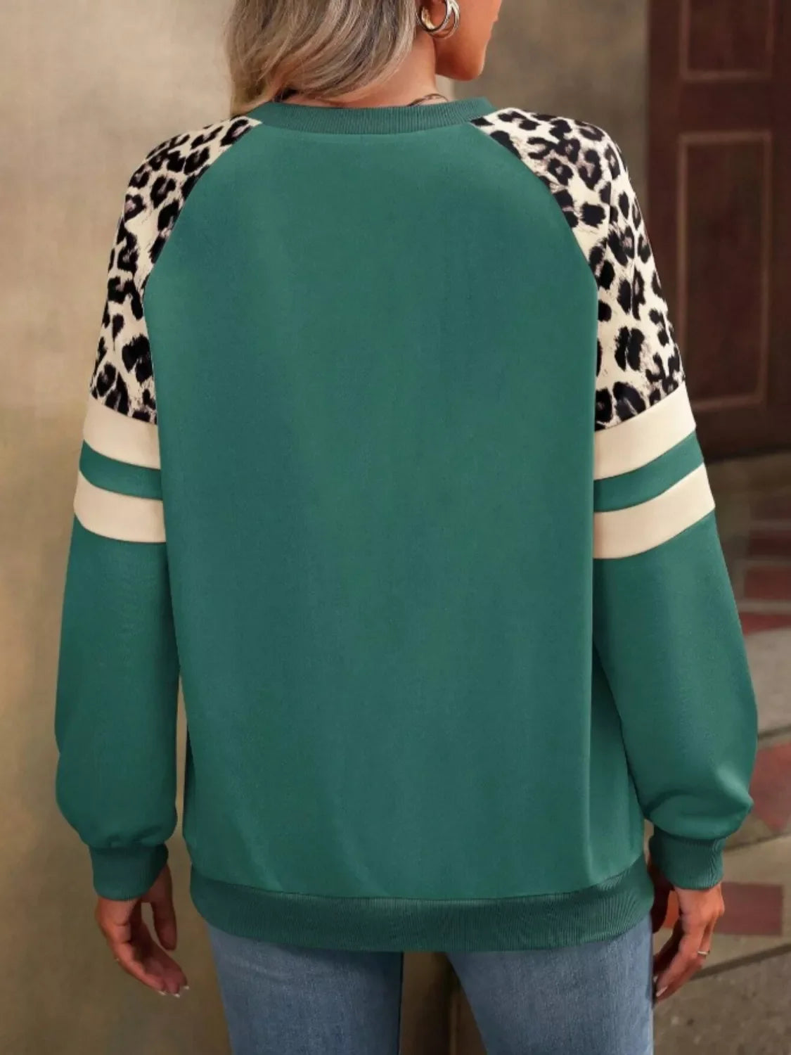 Leopard Raglan Sleeve Striped Sweatshirt