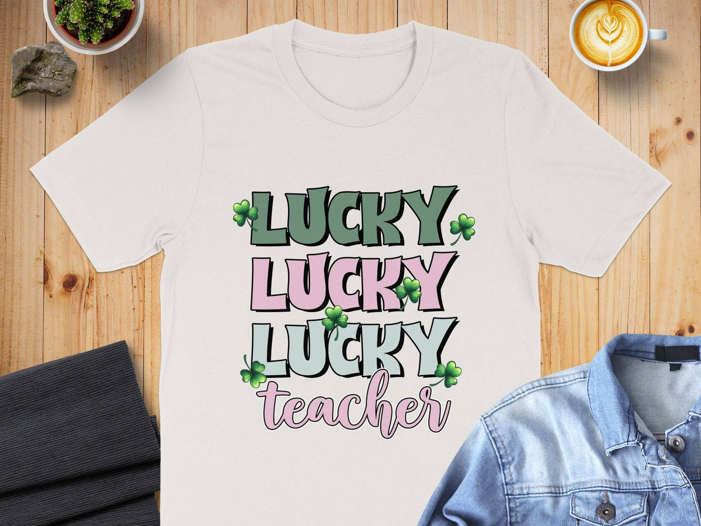 Lucky Lucky Lucky Teacher with Clovers St Patricks Day T-Shirt