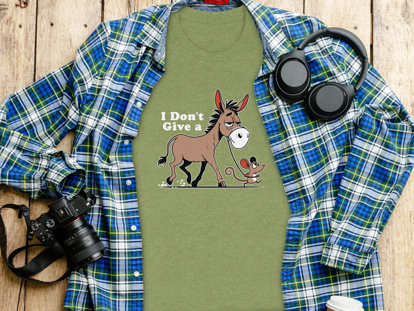 Funny Mouse Walking a Donkey Cartoon Graphic T-Shirt