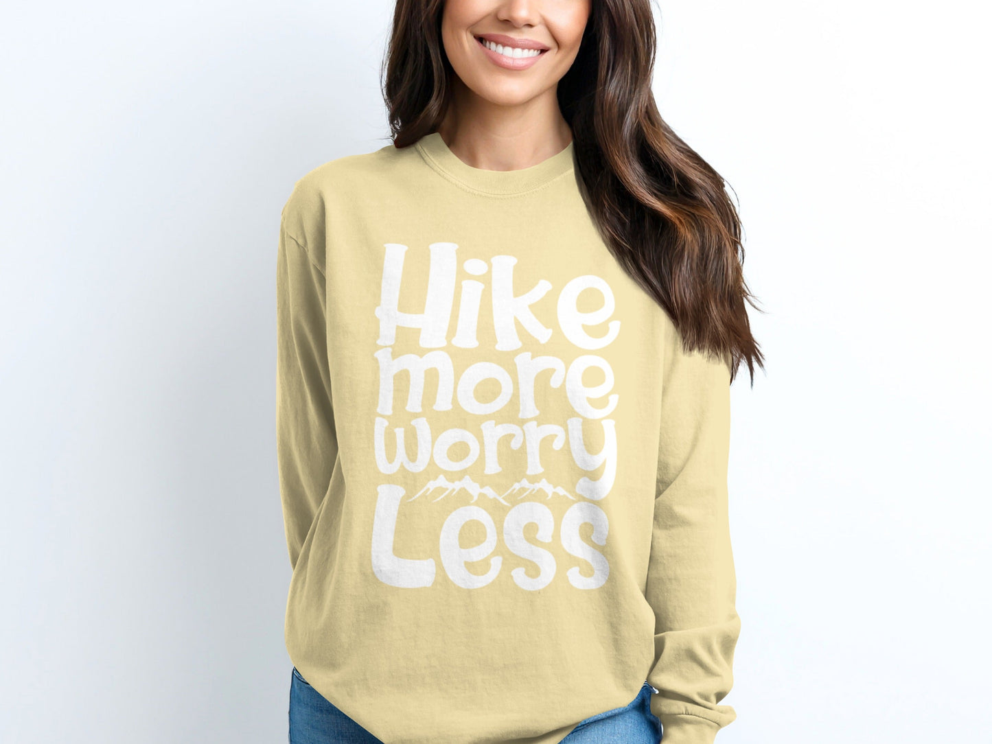 Hike More Worry Less With Mountain Graphic Long Sleeve T-Shirt