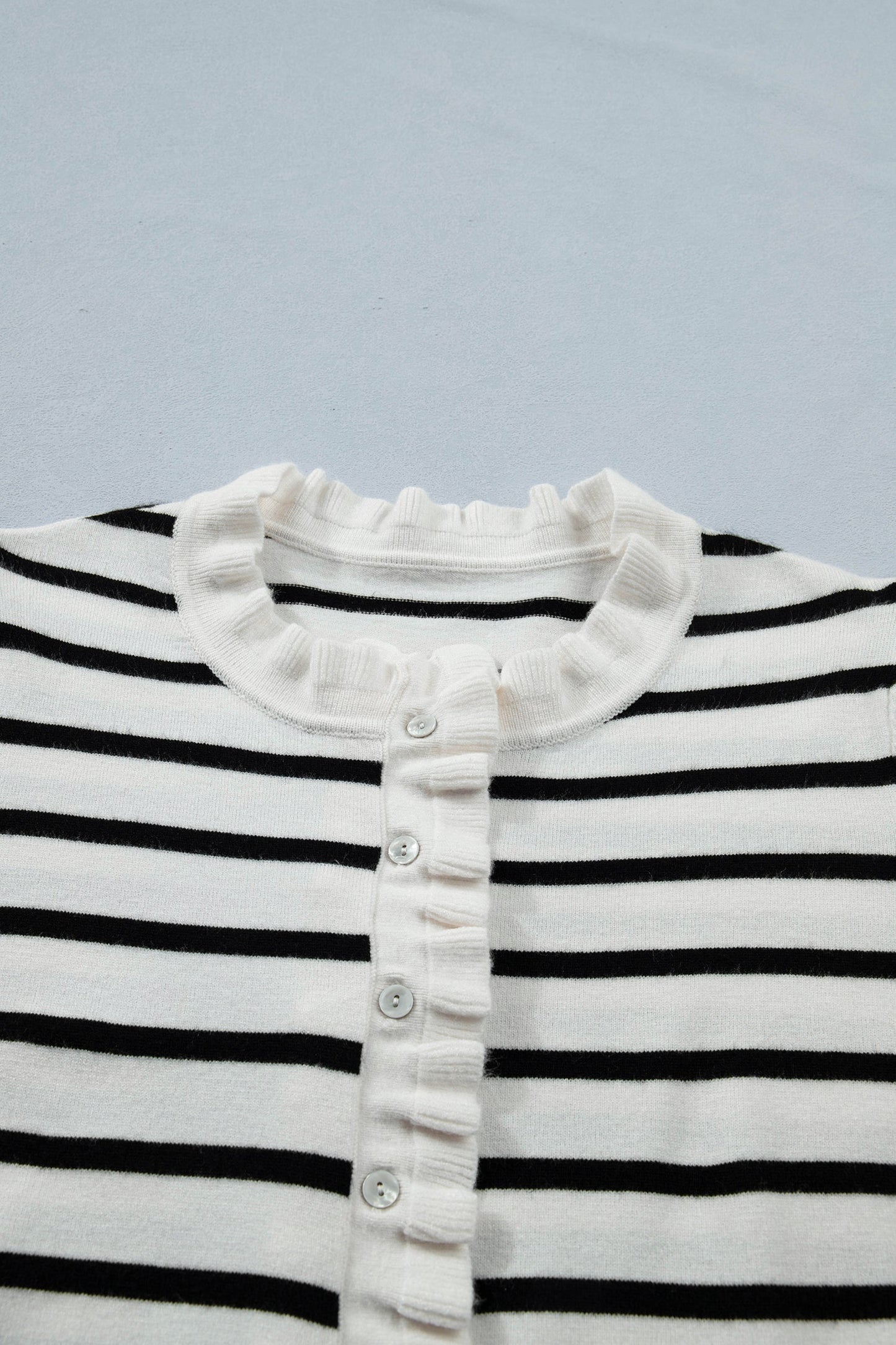 Beige Stripe Ruffle Trim Button Down Knit Short Sleeve Sweater Cardigan