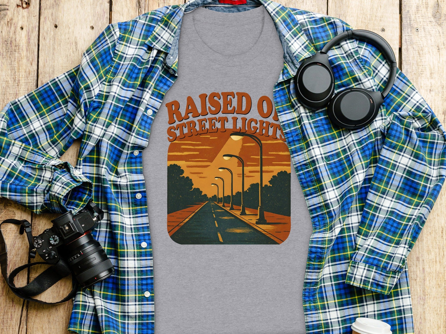 Raised On Street Lights Road Scene Graphic Design T-Shirt