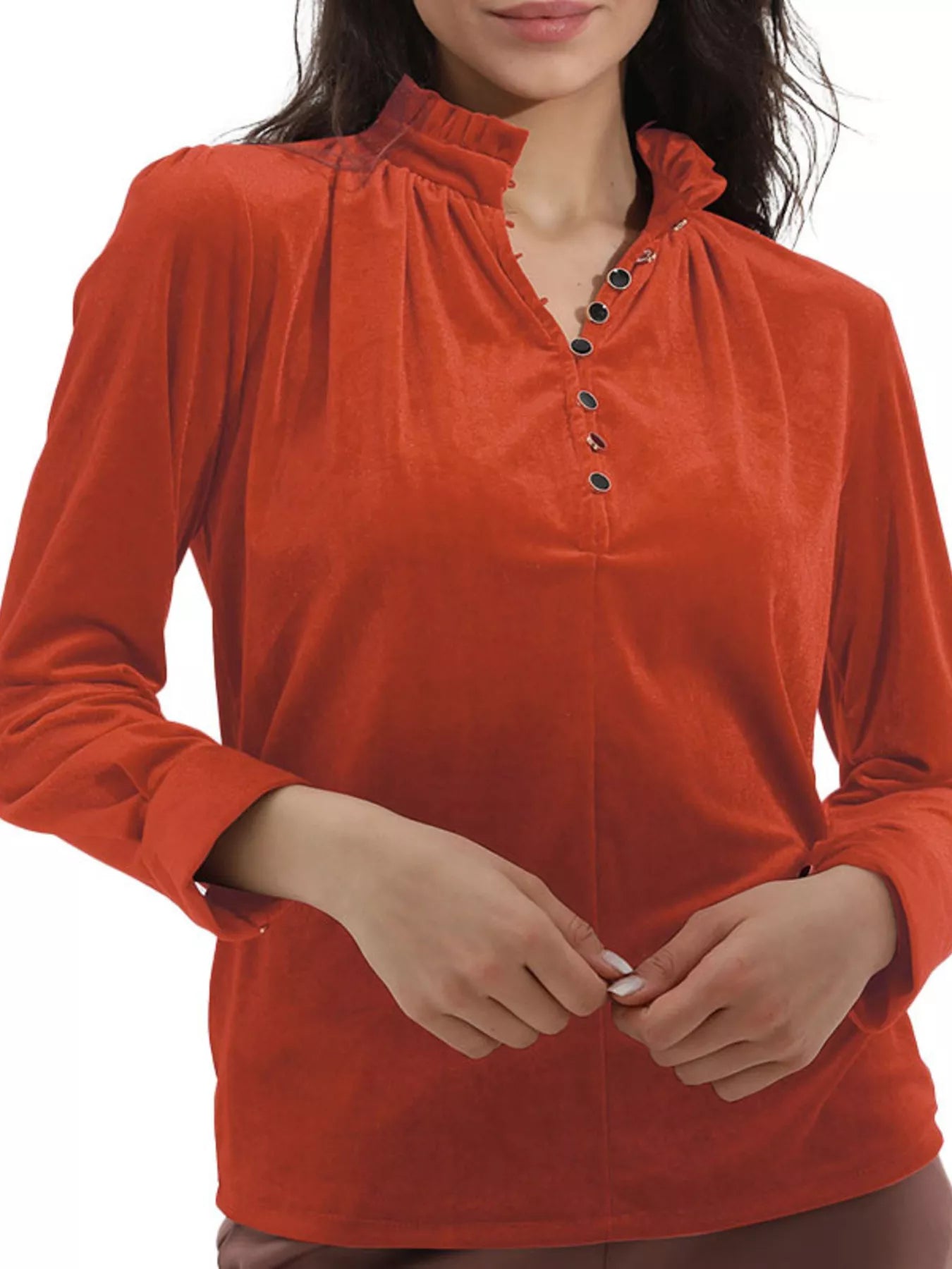 Elegant Velvet Ruffle Neck Blouse