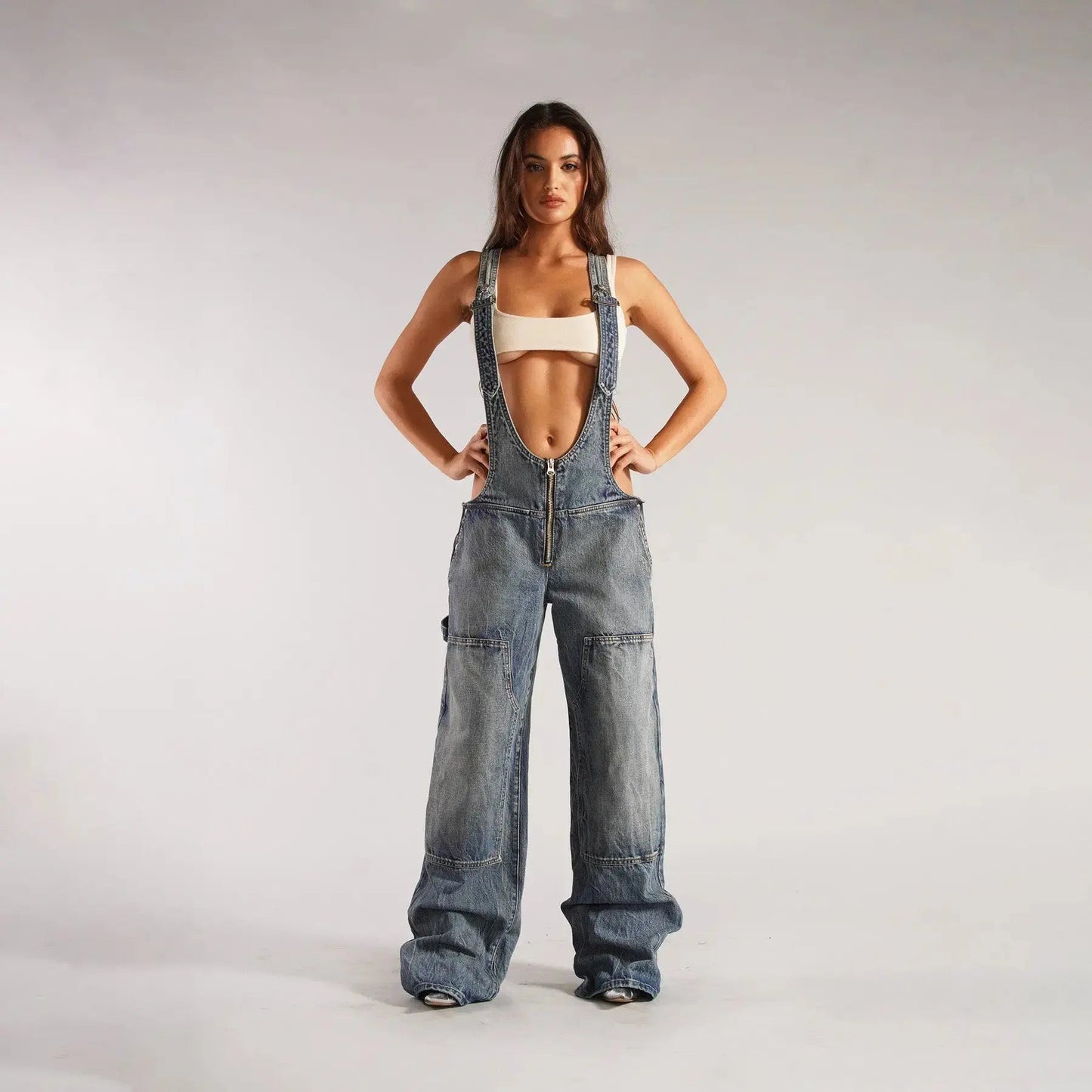Y2K Denim Overalls Women – Zip Front Loose Fit Pocket Jumpsuit