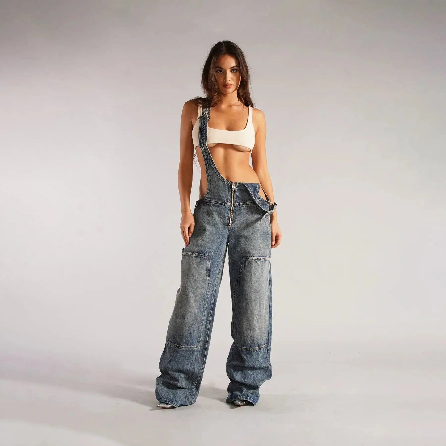 Y2K Denim Overalls Women – Zip Front Loose Fit Pocket Jumpsuit