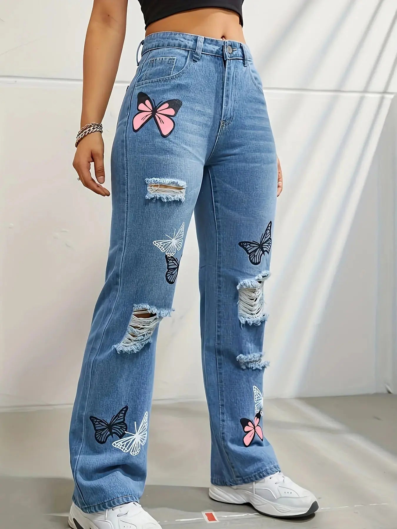 High Waist Distressed Jeans | Flairé™ Butterfly Print Denim