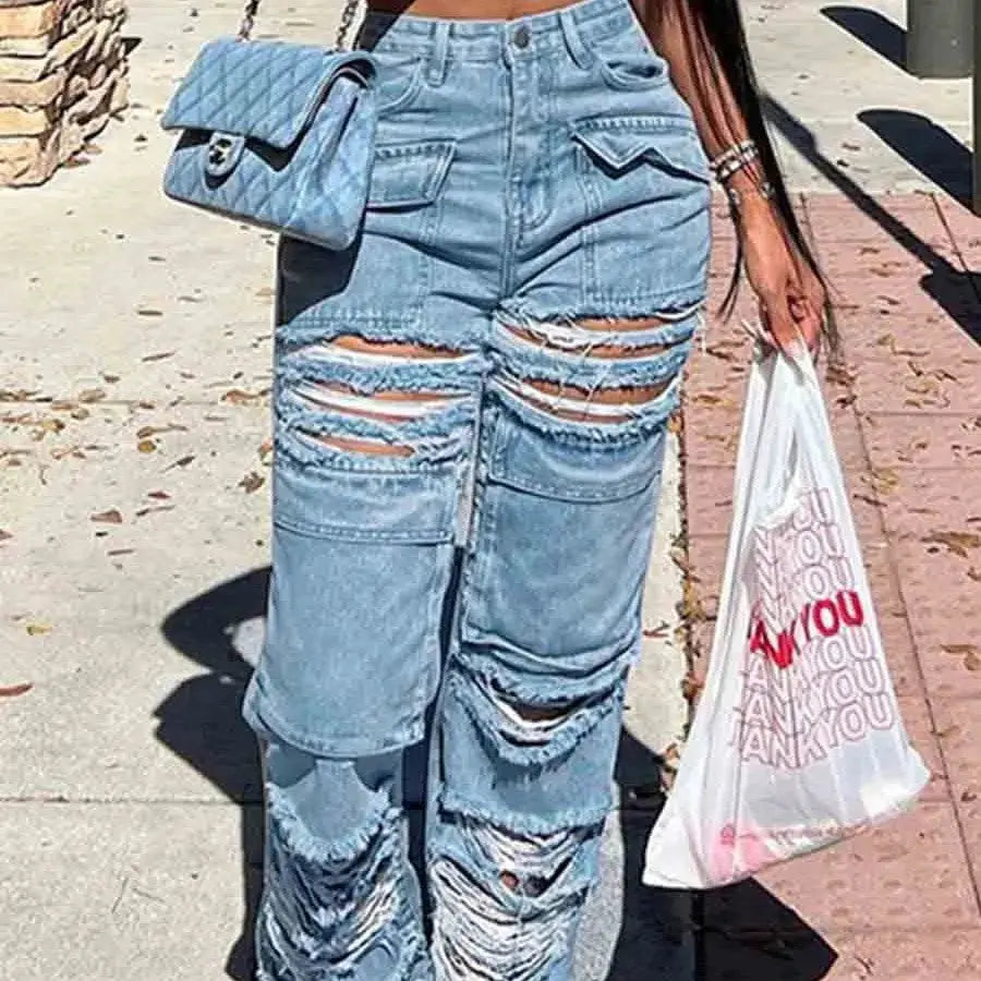 Flairé™ High Waist Ripped Jeans Women – Distressed Raw Hem Denim Pants