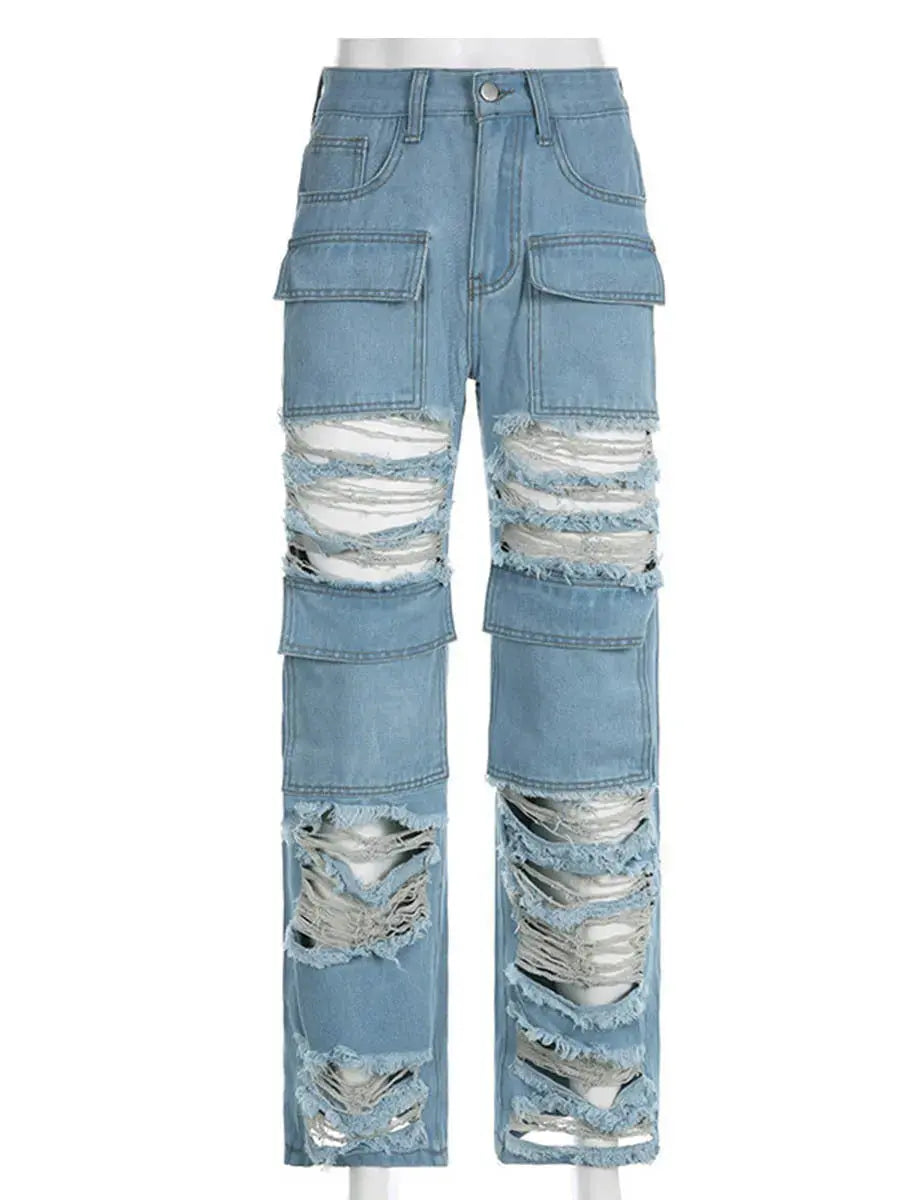 Flairé™ High Waist Ripped Jeans Women – Distressed Raw Hem Denim Pants