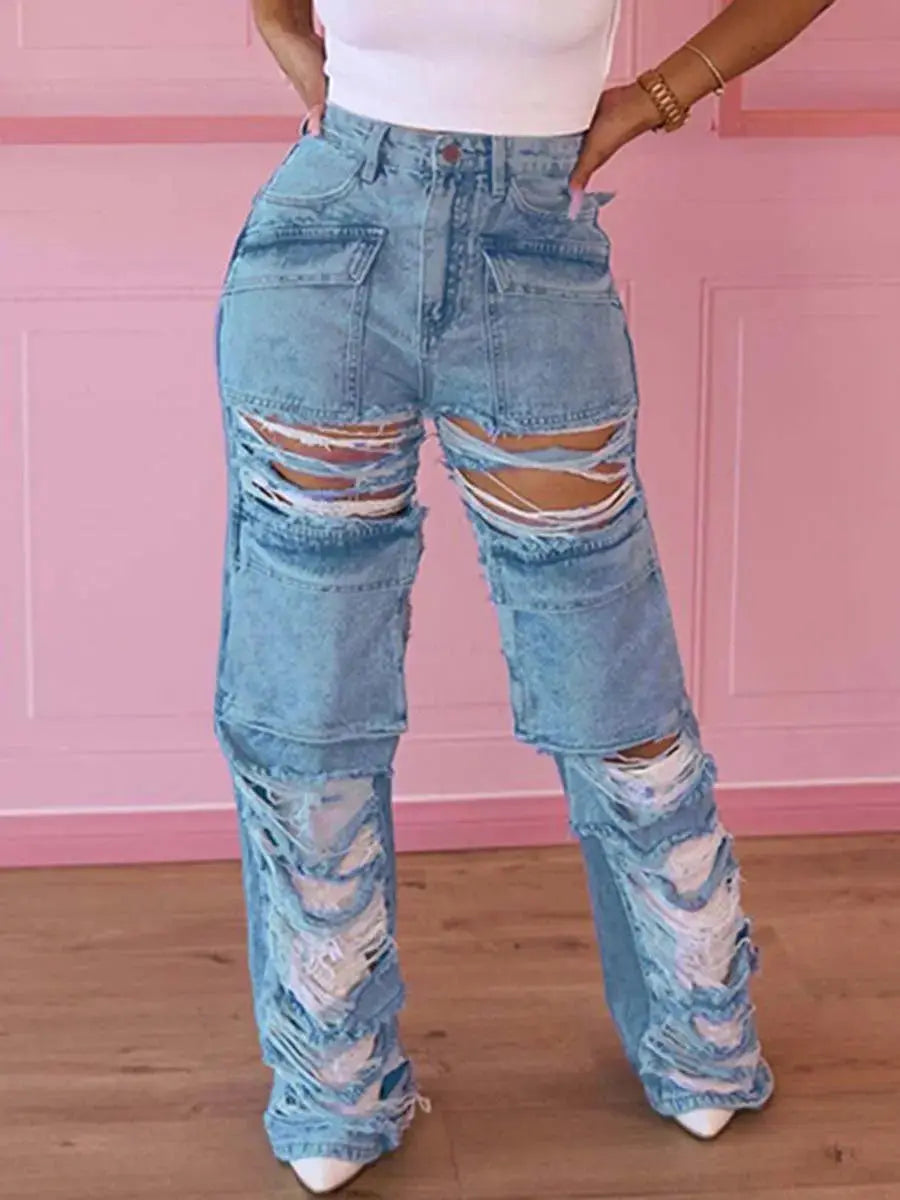 Flairé™ High Waist Ripped Jeans Women – Distressed Raw Hem Denim Pants