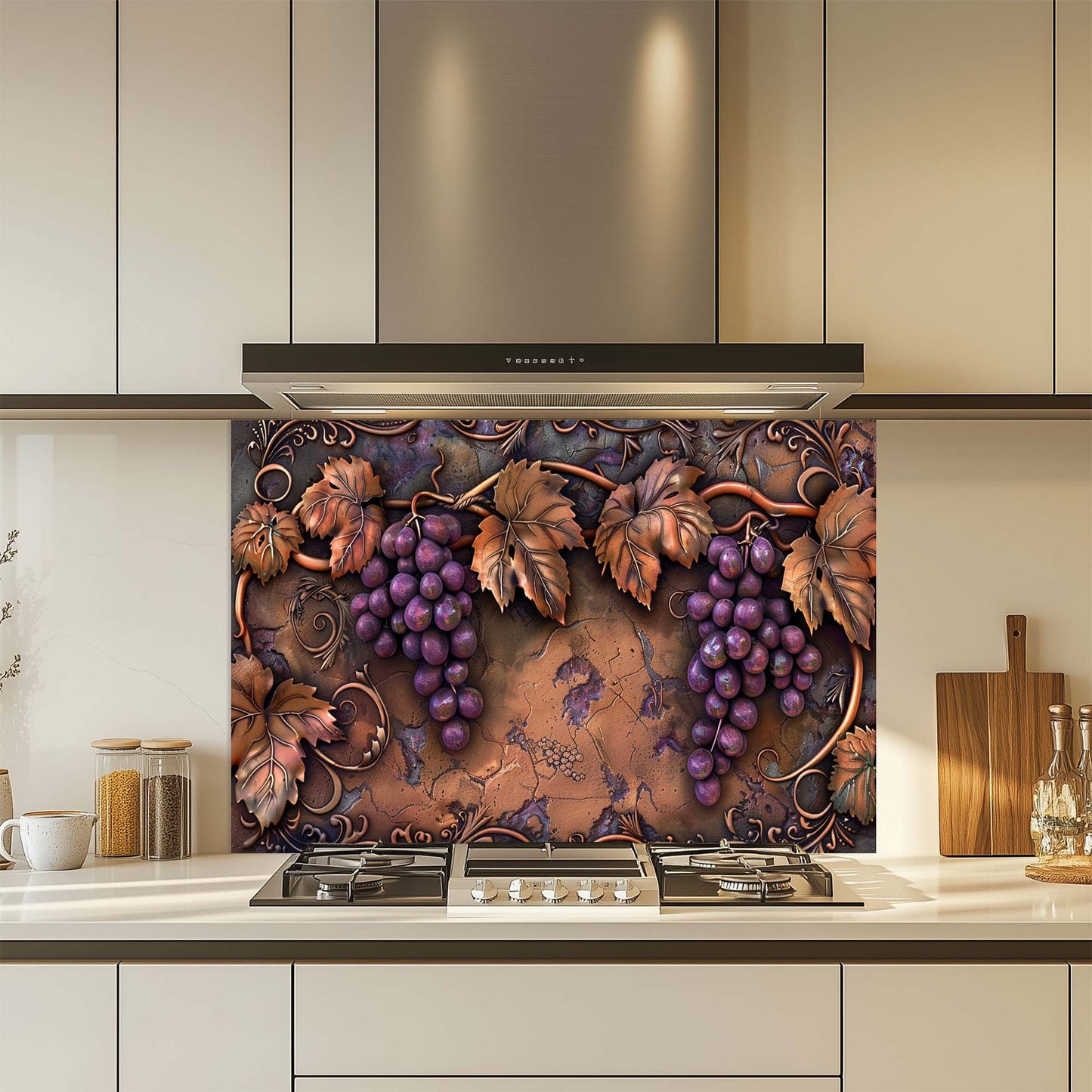 Tuscan Grape – Tempered Glass Backsplash for Kitchen | Copper Look Vineyard Backsplash