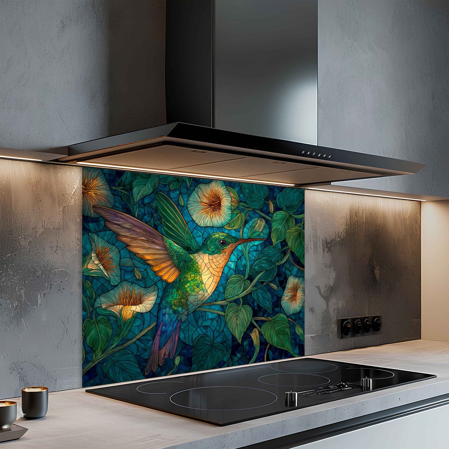 Emerald Flight Kitchen Splashback – Tempered Glass Backsplash with Hummingbird and Floral Vines