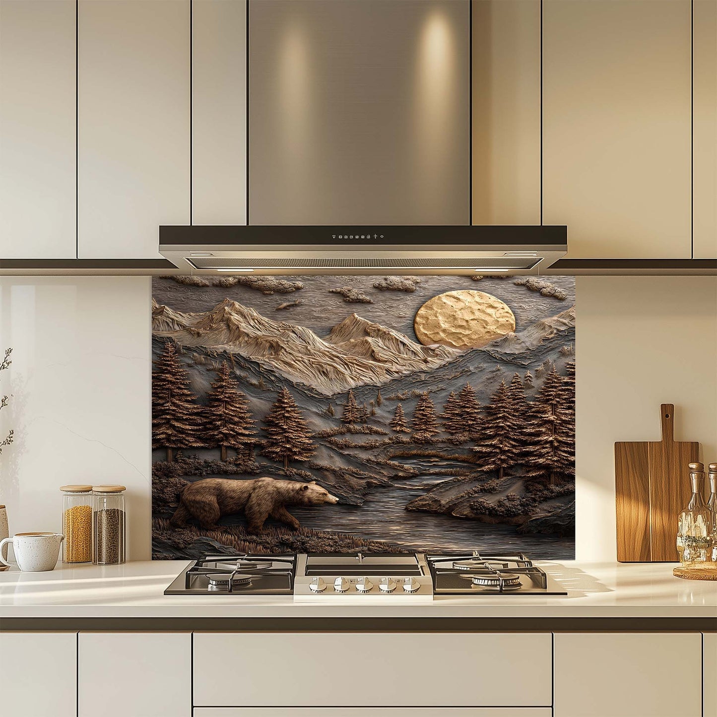Bronze Mountain Bear – Tempered Glass Backsplash for Kitchen – Copper Look Backsplash
