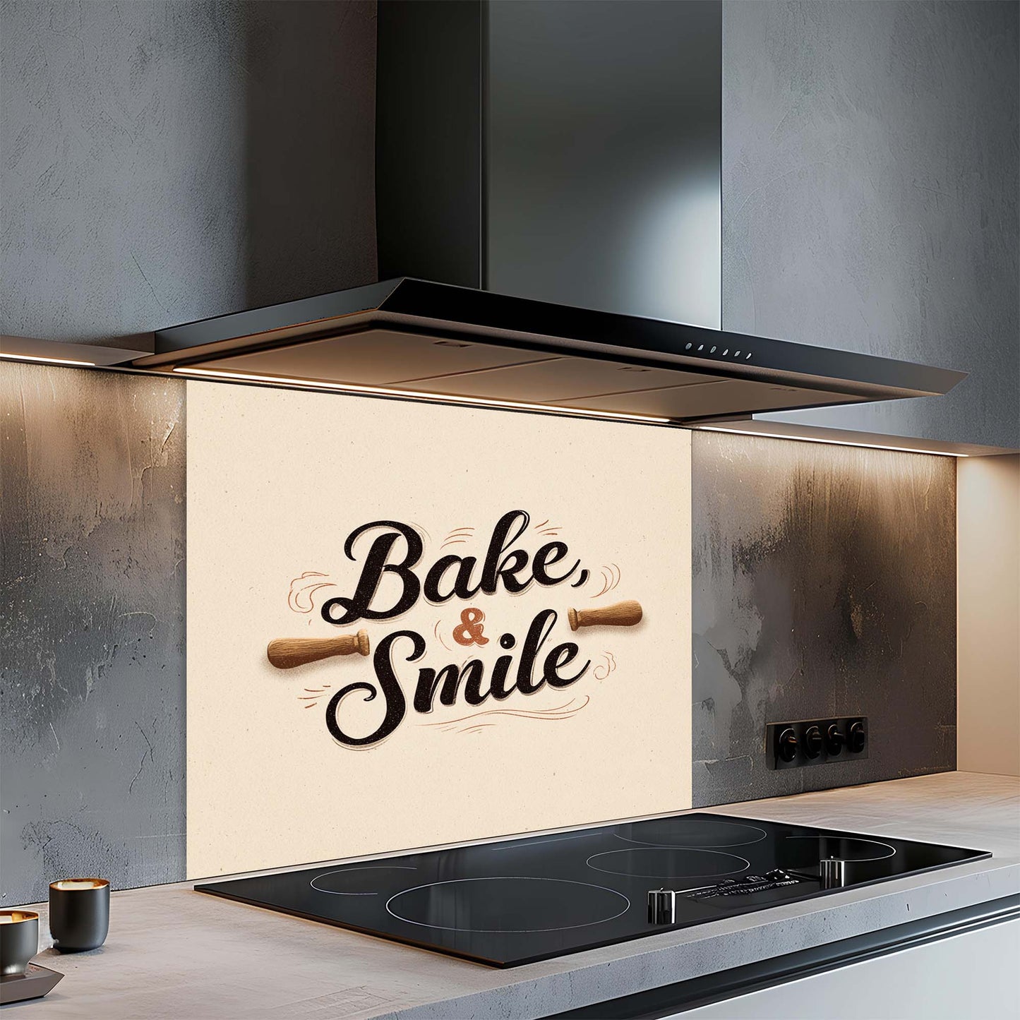 Bake & Smile – Tempered Glass Backsplash for Kitchen – Rustic Bakery Quote Splashback