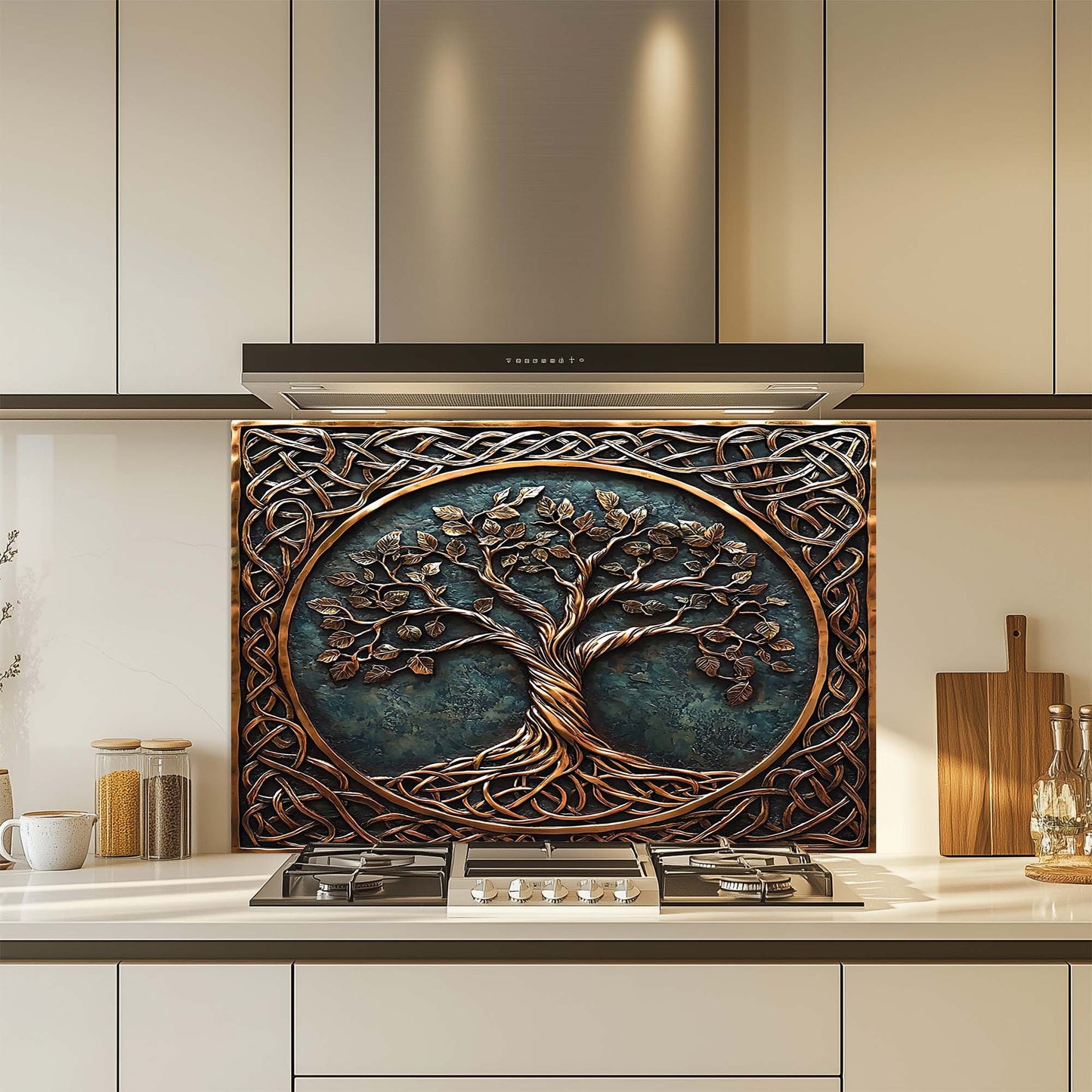 Timeless Tree – Tempered Glass Backsplash for Kitchen Stove | Copper Look Backsplash