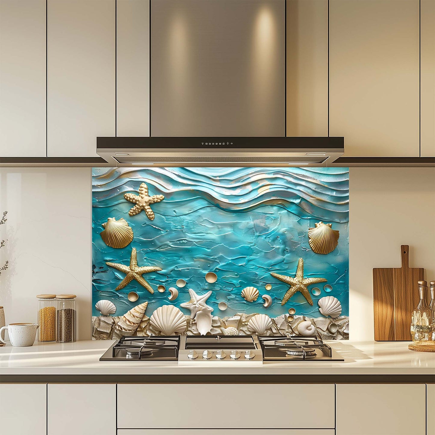 Ocean Breeze – Tempered Glass Backsplash for Kitchen – Coastal Seashell Splashback