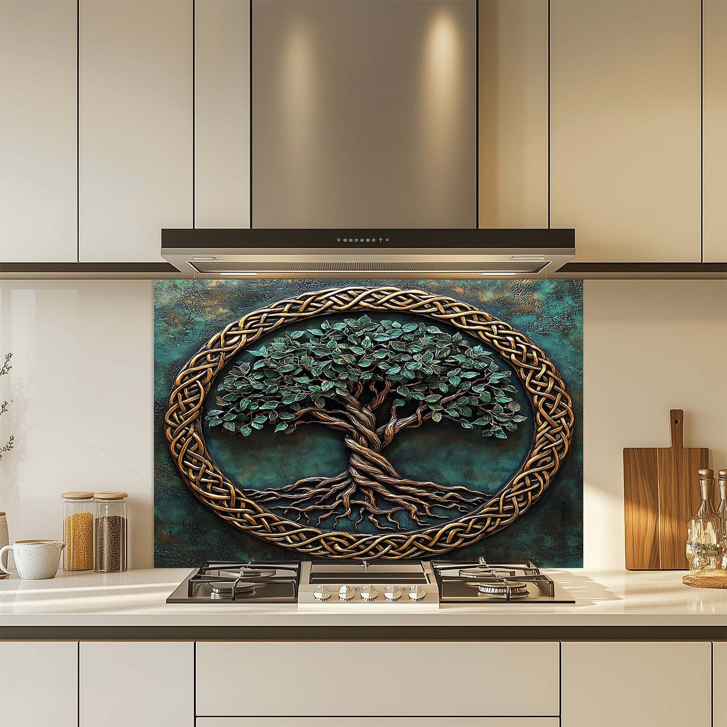 Verdant Embrace – Tree of Life Tempered Glass Backsplash | Copper Look Kitchen Backsplash