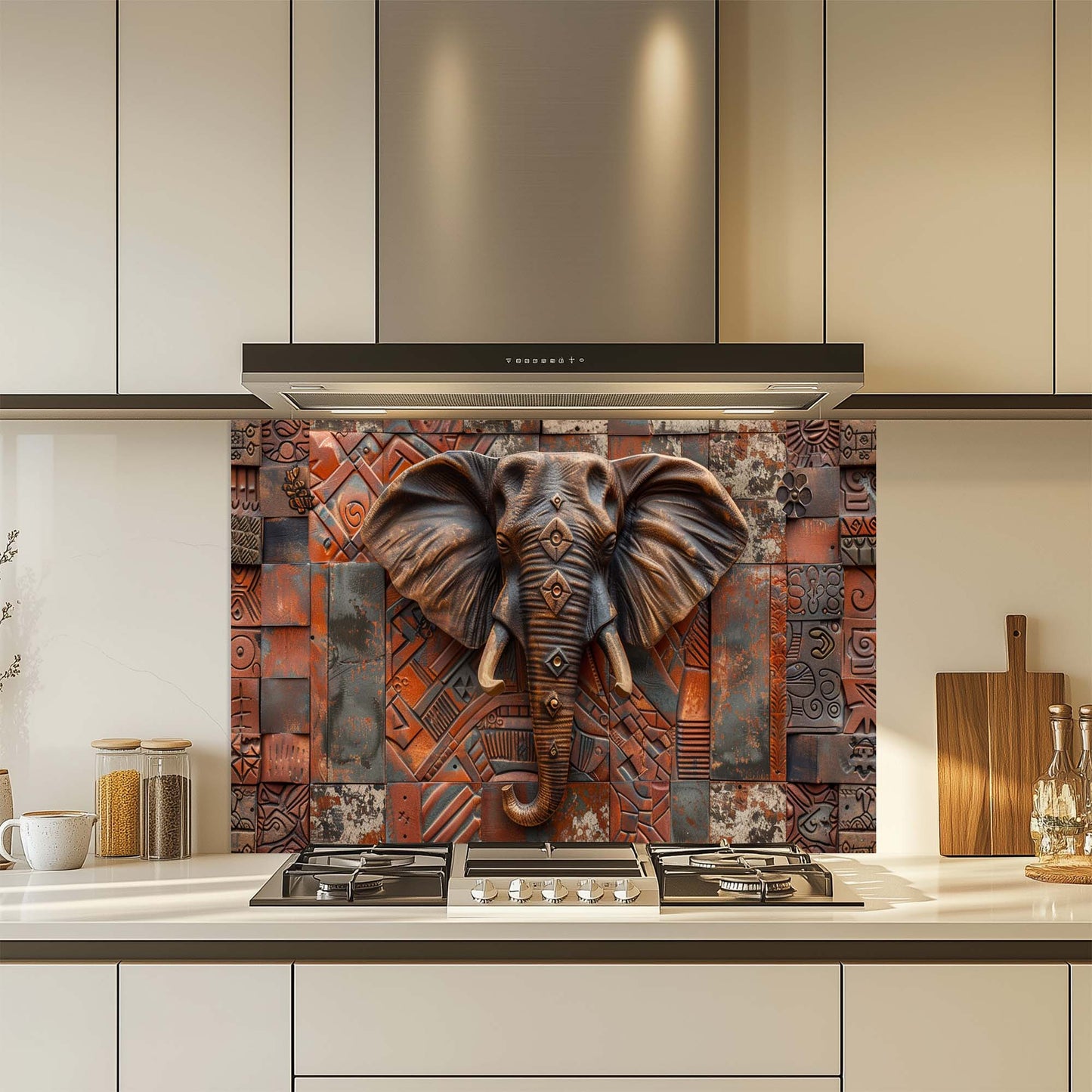 Tribal Elephant – Tempered Glass Backsplash | African Ethnic Pattern Kitchen Backsplash