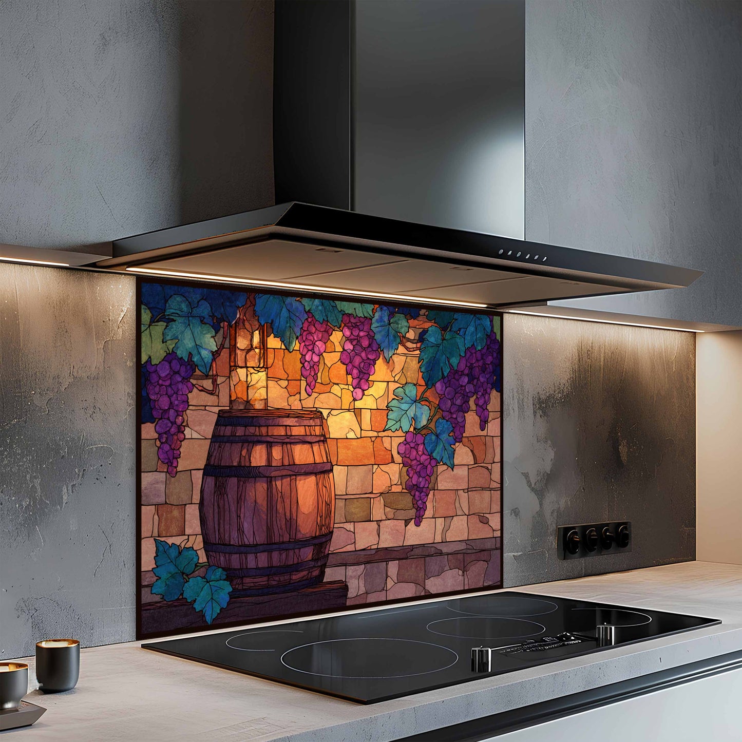Tempered Glass Backsplash for Kitchen | Rustic Wine Barrel & Vineyard Grape Design