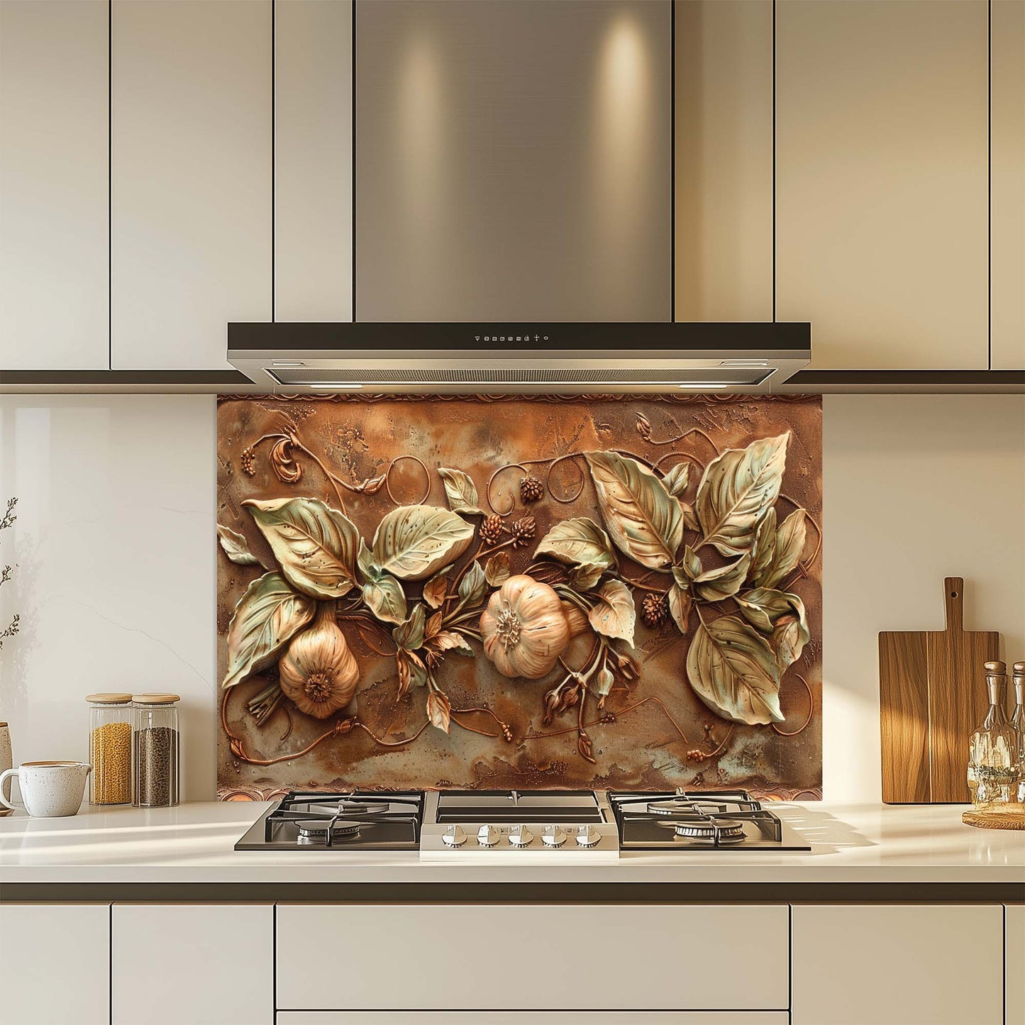 Golden Harvest Relief Tempered Glass Backsplash for Kitchen | Tuscan Garlic Backsplash