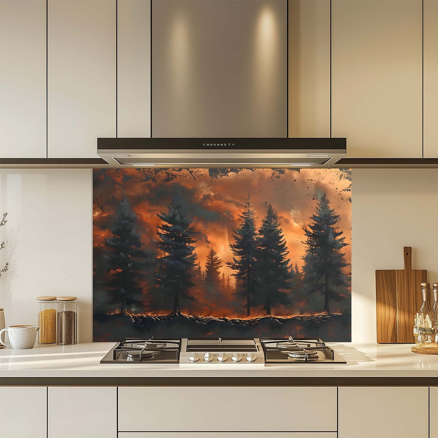 Ash Rise – Tempered Glass Backsplash for Kitchen Stove | Wild Forest in Fire Scene Backsplash