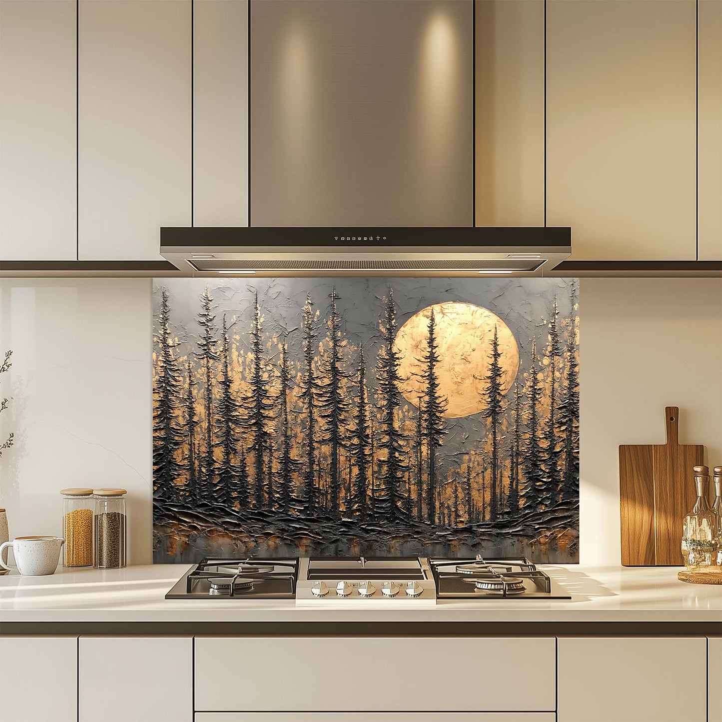 Golden Moonrise – Tempered Glass Backsplash for Stove | Dark Forest Silhouette Backsplash
