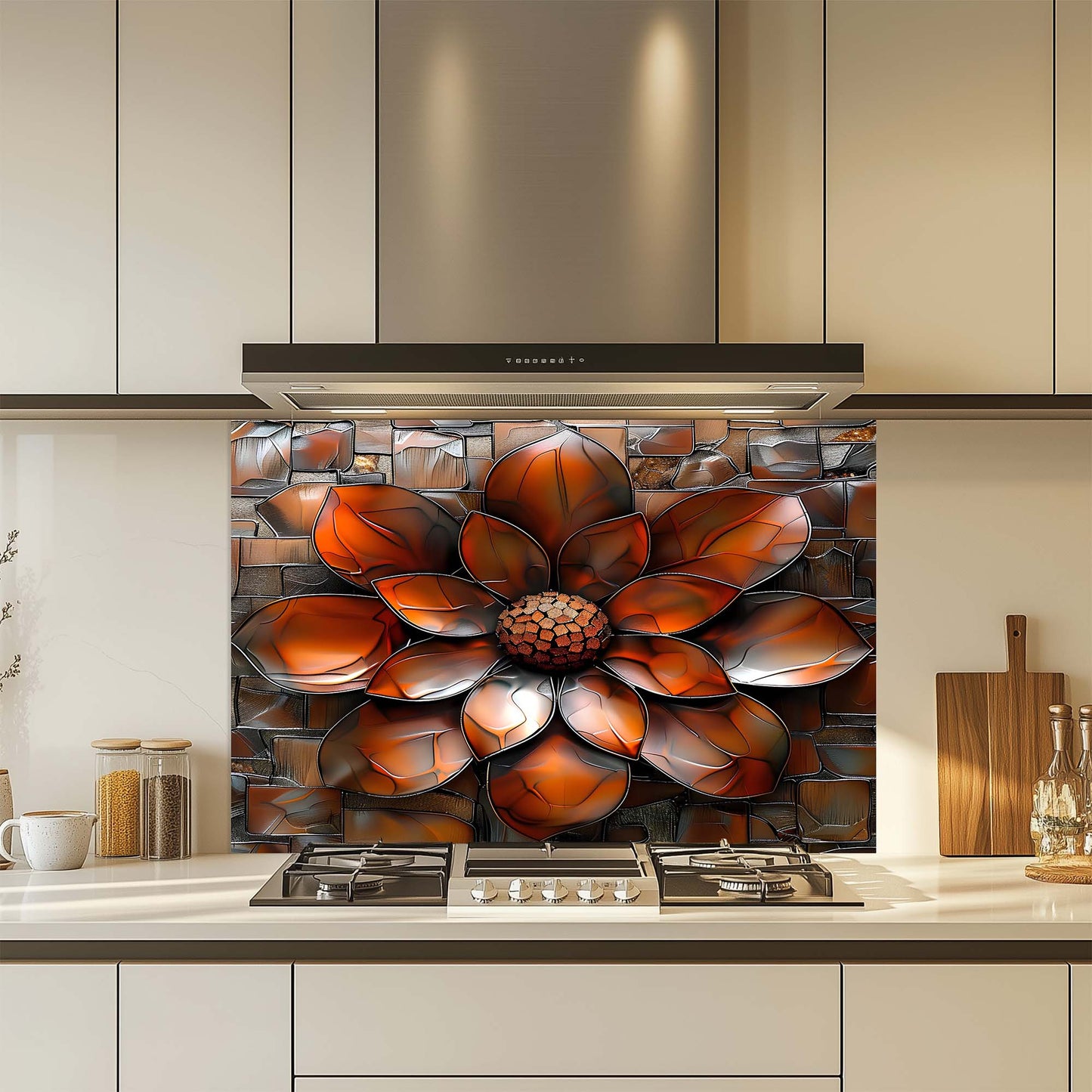 Burnt Petal – Tempered Glass Backsplash for Kitchen | Copper Look Flower Backsplash