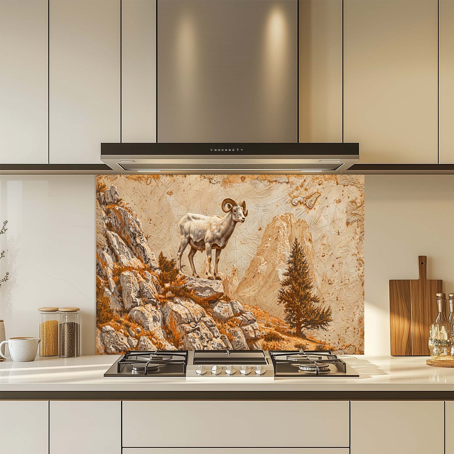 Mountain Pride – Tempered Glass Backsplash for Kitchen | Wild Ram on Rocky Cliff Backsplash