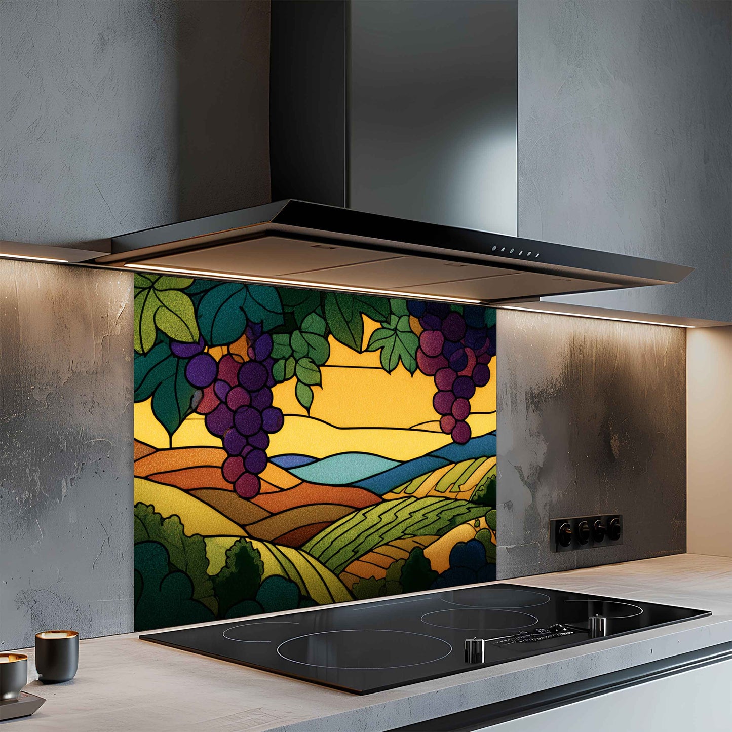 Tempered Glass Backsplash for Kitchen | Stained Glass Grape Field Landscape Design