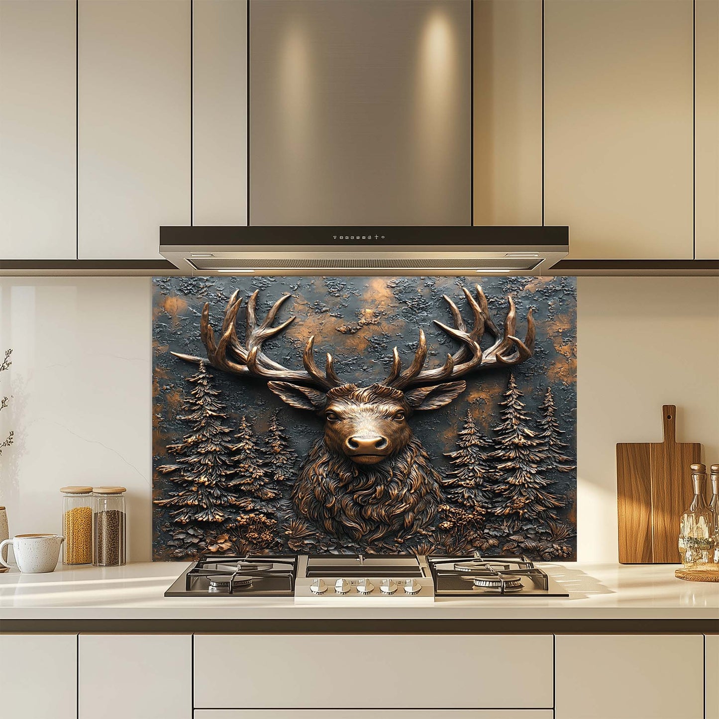 Stag Majesty – Tempered Glass Backsplash for Stove | Copper Deer Head Kitchen Backsplash