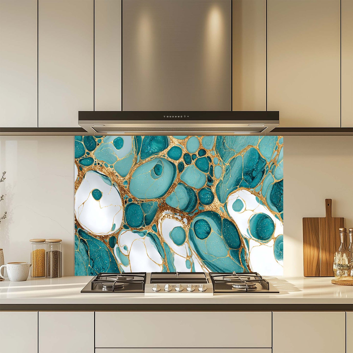 Aqua Veins - Tempered Glass Backsplash for Kitchen | Teal & Gold Fluid Backsplash