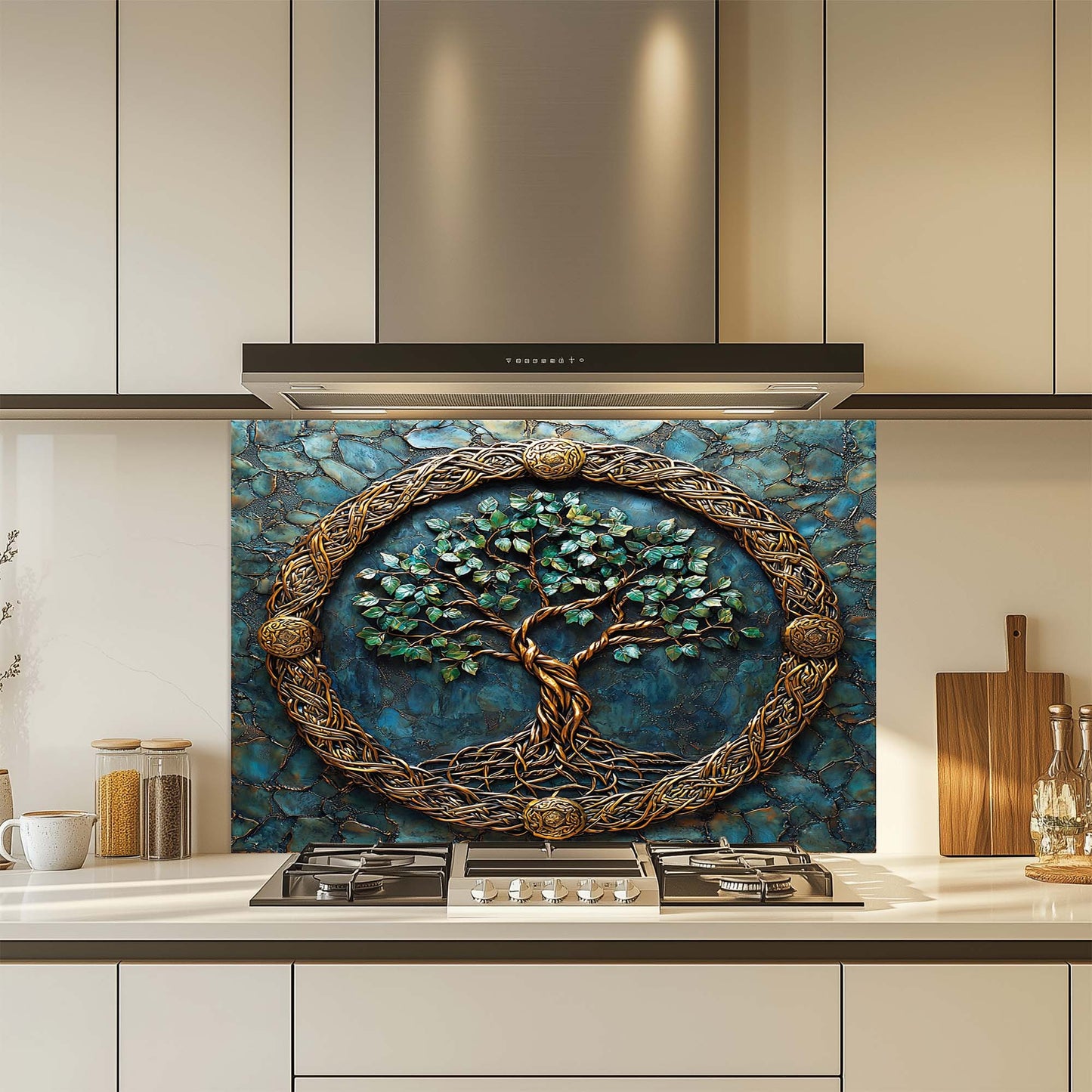Celtic Embrace – Tempered Glass Backsplash for Kitchen Stove | Copper Look Backsplash