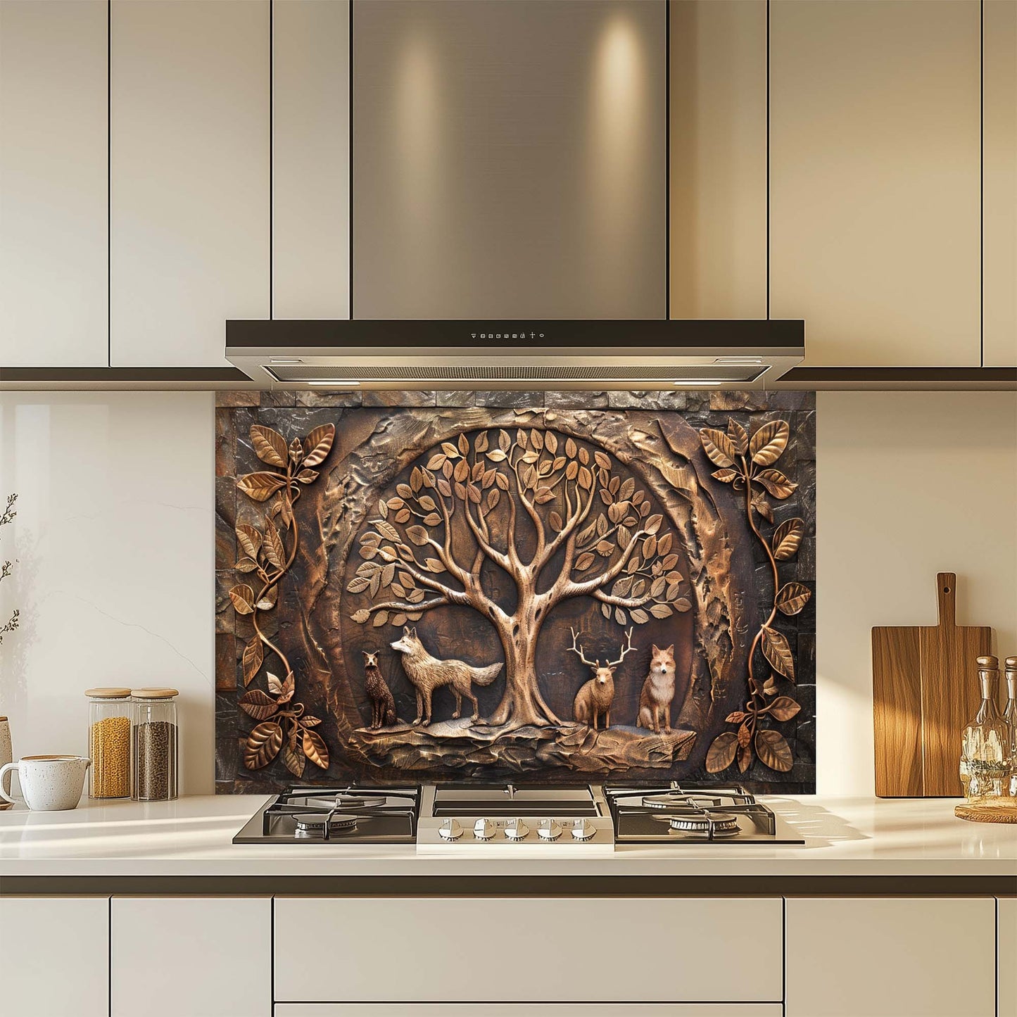 Bronze Den – Tempered Glass Backsplash for Kitchen | Copper Look Tree of Life Backsplash