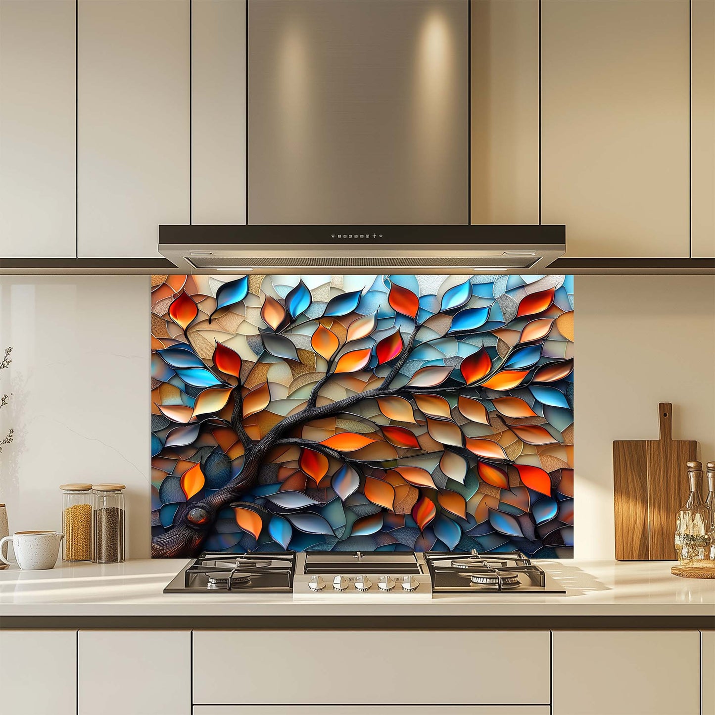 Glassleaf Harmony – Tempered Glass Backsplash for Kitchen Stove | Colorful Branch Backsplash