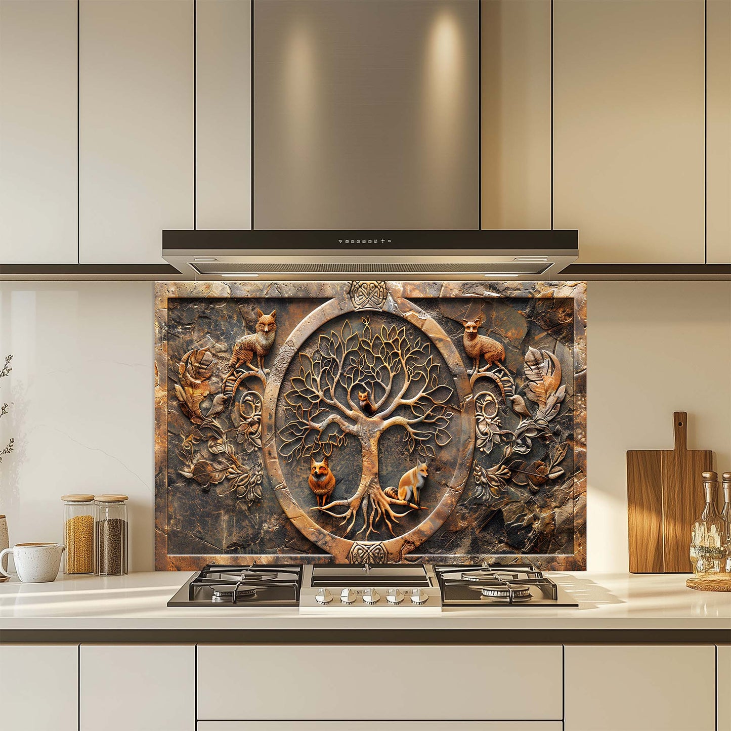 Fox Wisdom Tree – Tempered Glass Backsplash | Tree of Life with Forest Animals Backsplash