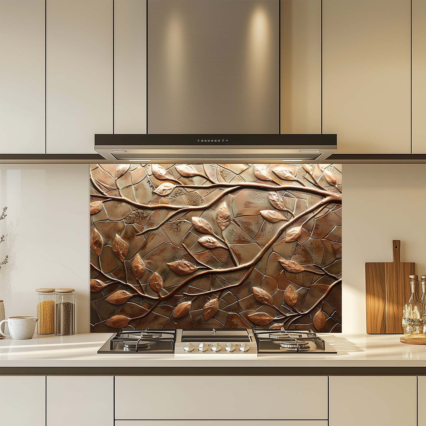 Bronze Branches – Tempered Glass Backsplash for Kitchen – Copper Look Glass Backsplash